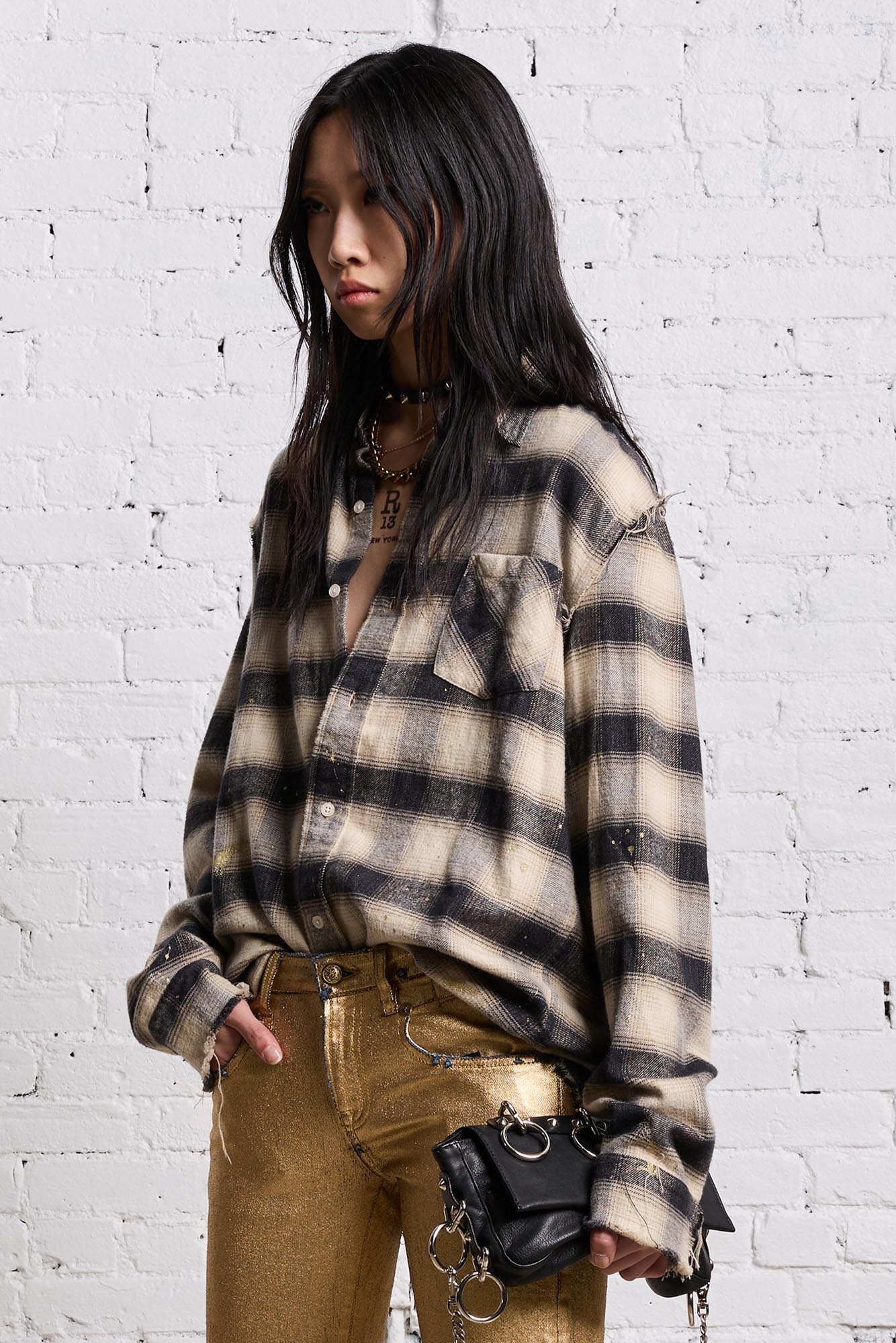 SHREDDED SEAM SHIRT - GOLD SPLATTERED BLACK PLAID - 2