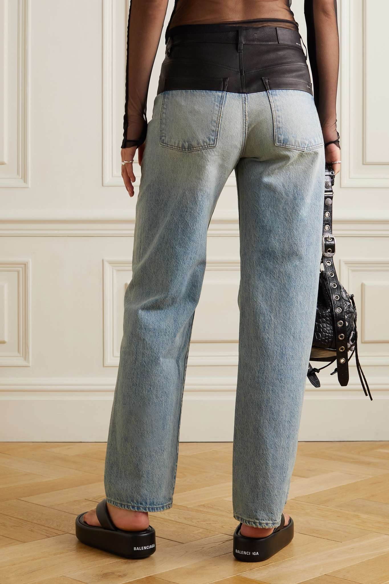 Leather-trimmed mid-rise straight-leg jeans - 4
