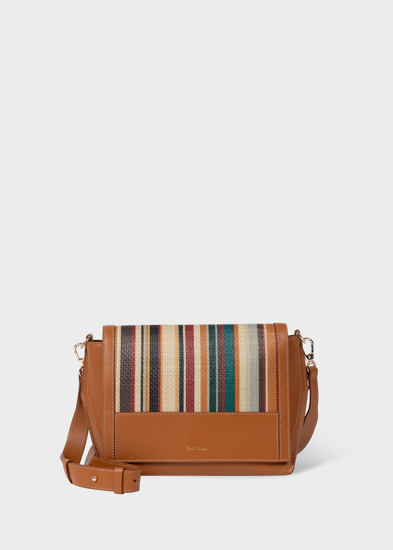 Women's Tan Leather 'Signature Stripe' Raffia Cross-Body Bag 1