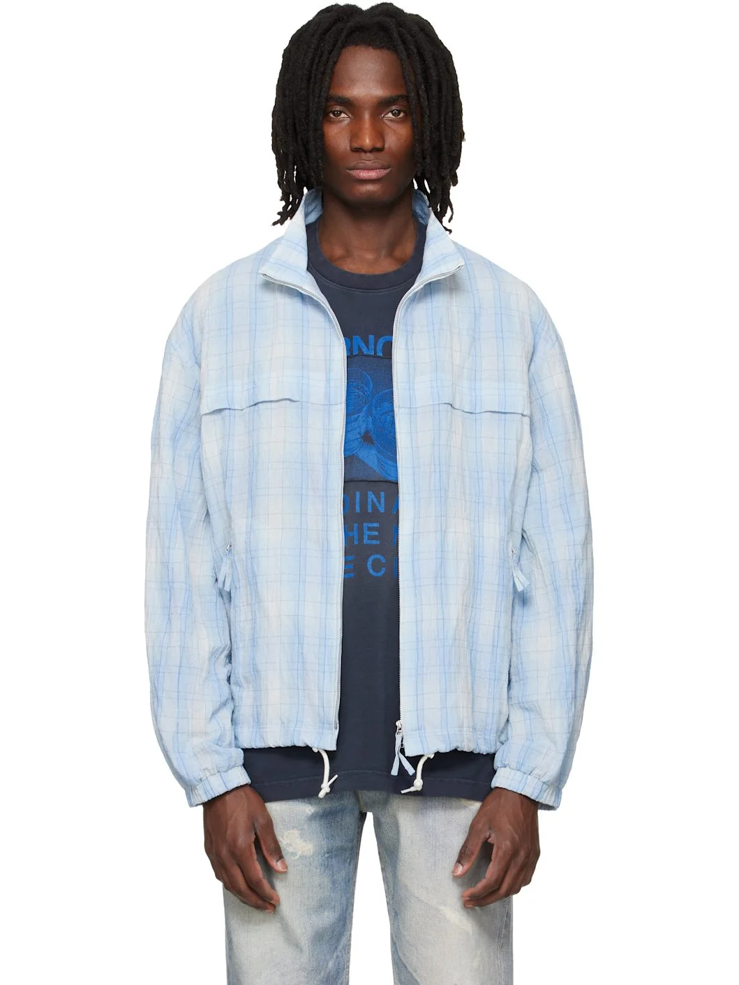 Blue High Neck Check Blouson Jacket - 1