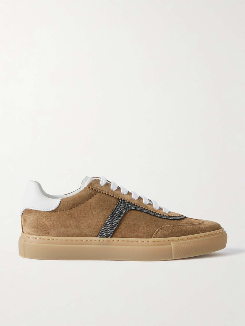Bead-embellished leather-trimmed suede sneakers - 1