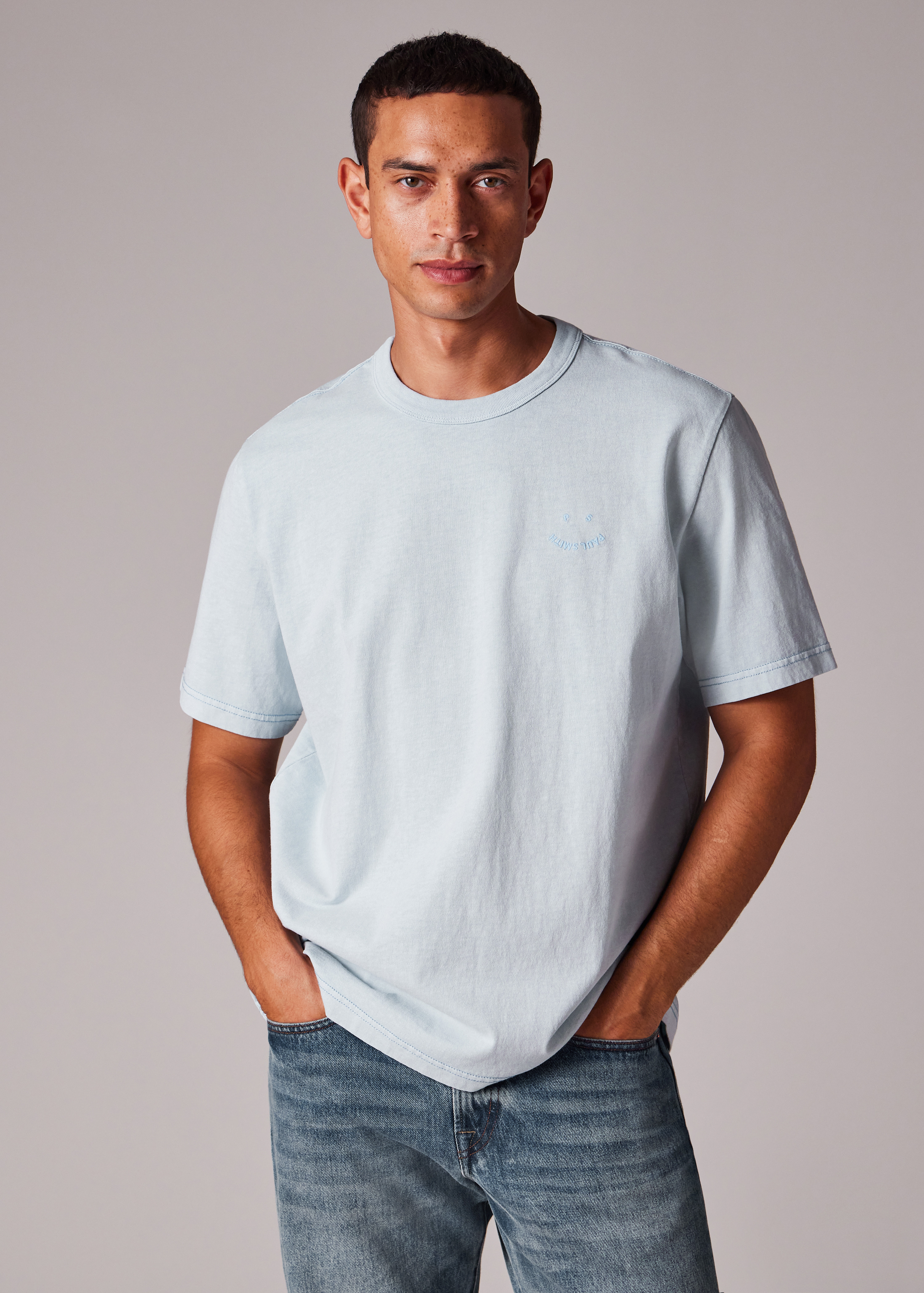 Pale Blue Pigment Dyed 'Happy' T-Shirt - 5