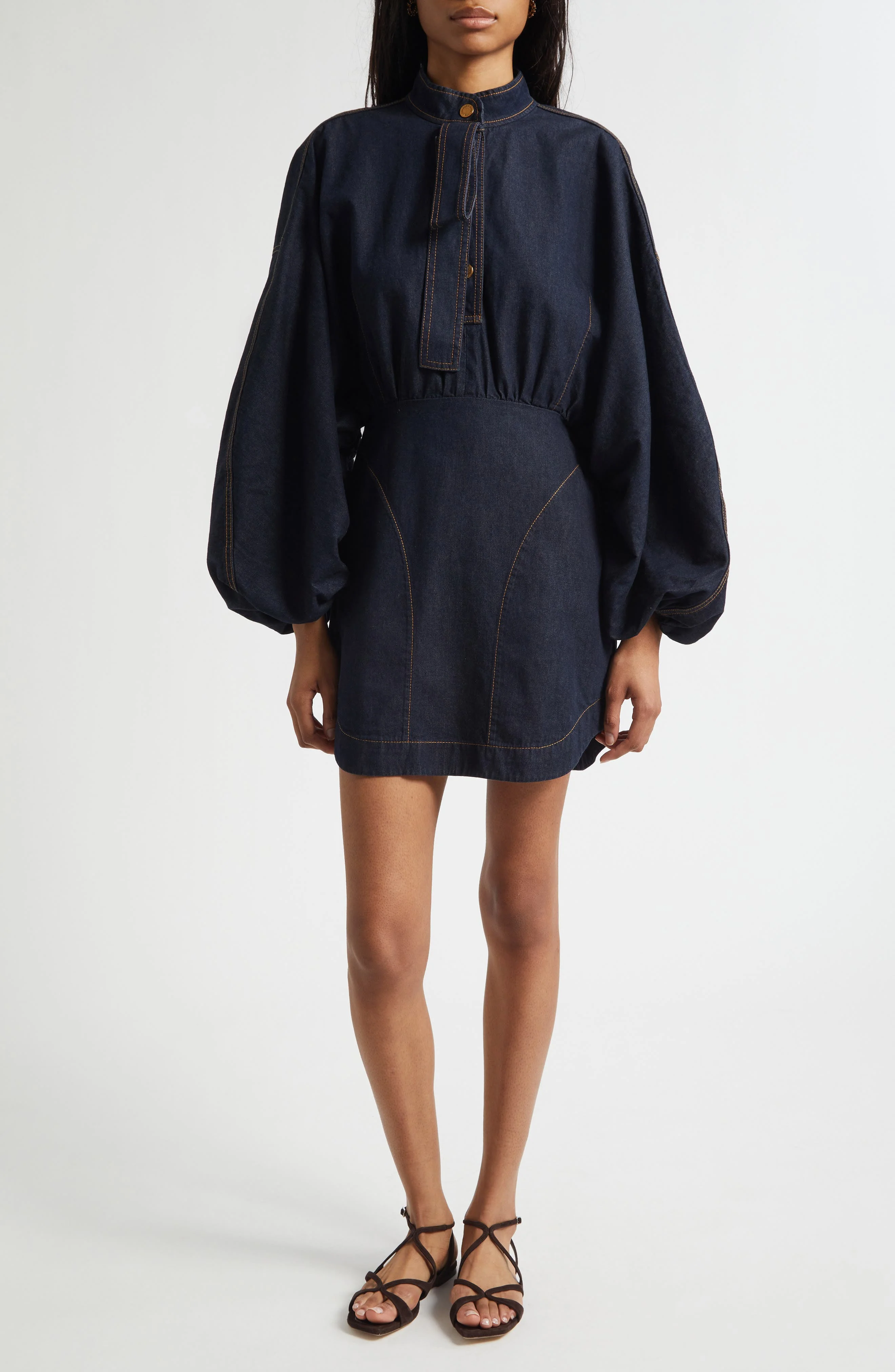 Zimmermann Gathered Long Sleeve Denim Minidress in Night Sky at Nordstrom - 1