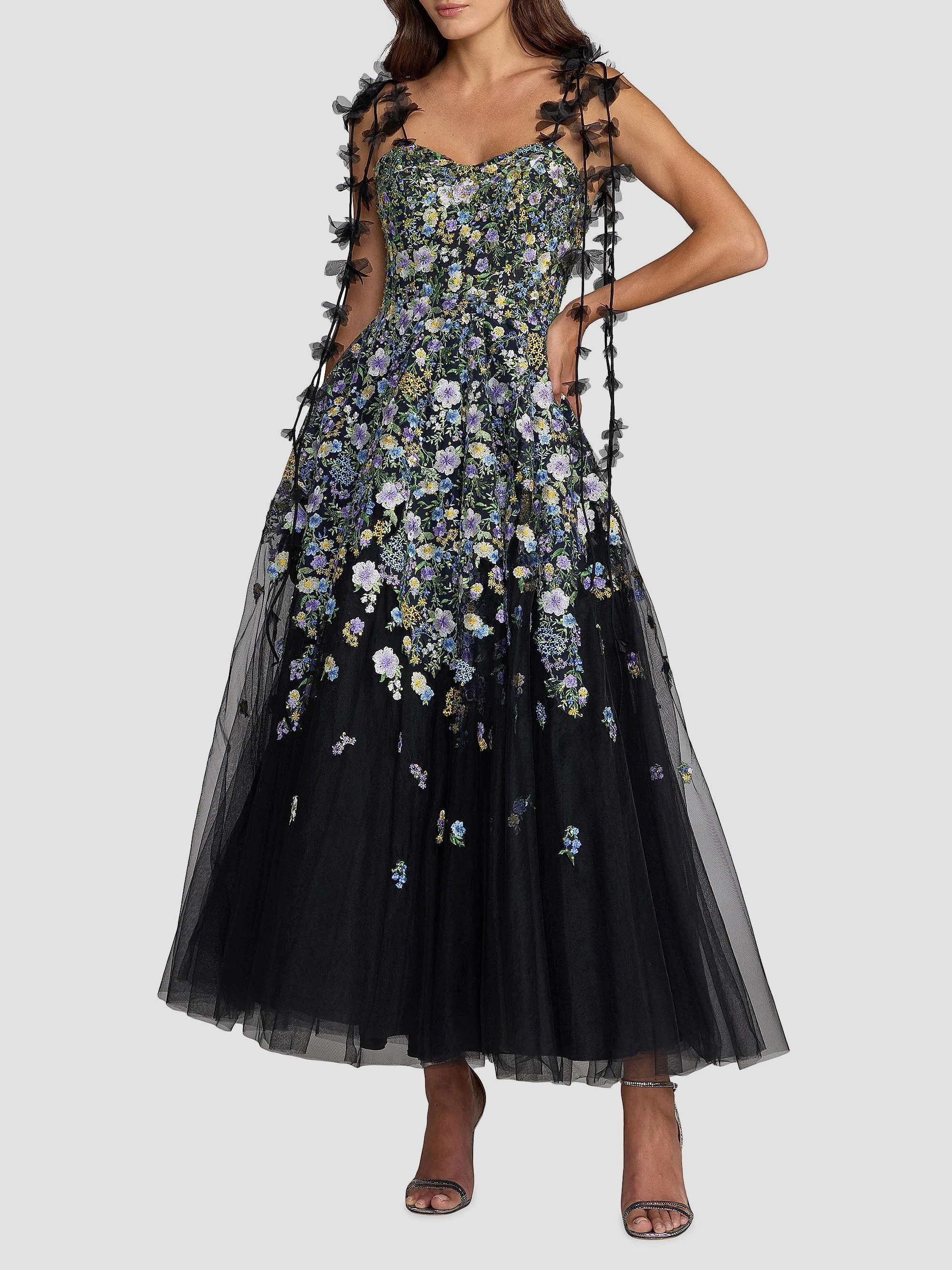 Women's Floral-Embroidered Tassel Tulle Cocktail Dress - Black Multi - 1