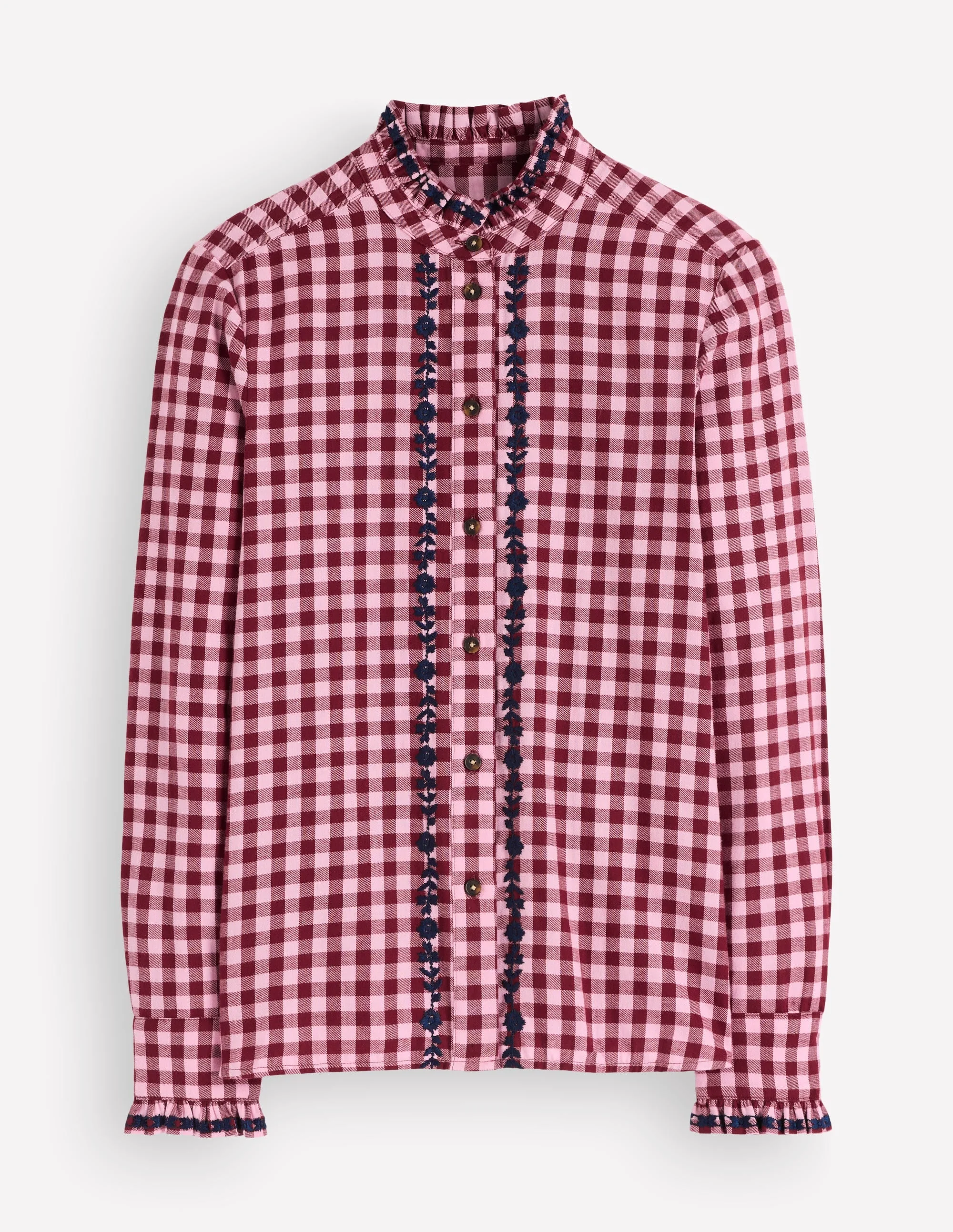Sienna Frill Cotton Shirt-Embroidered Pink, Maroon Check - 1