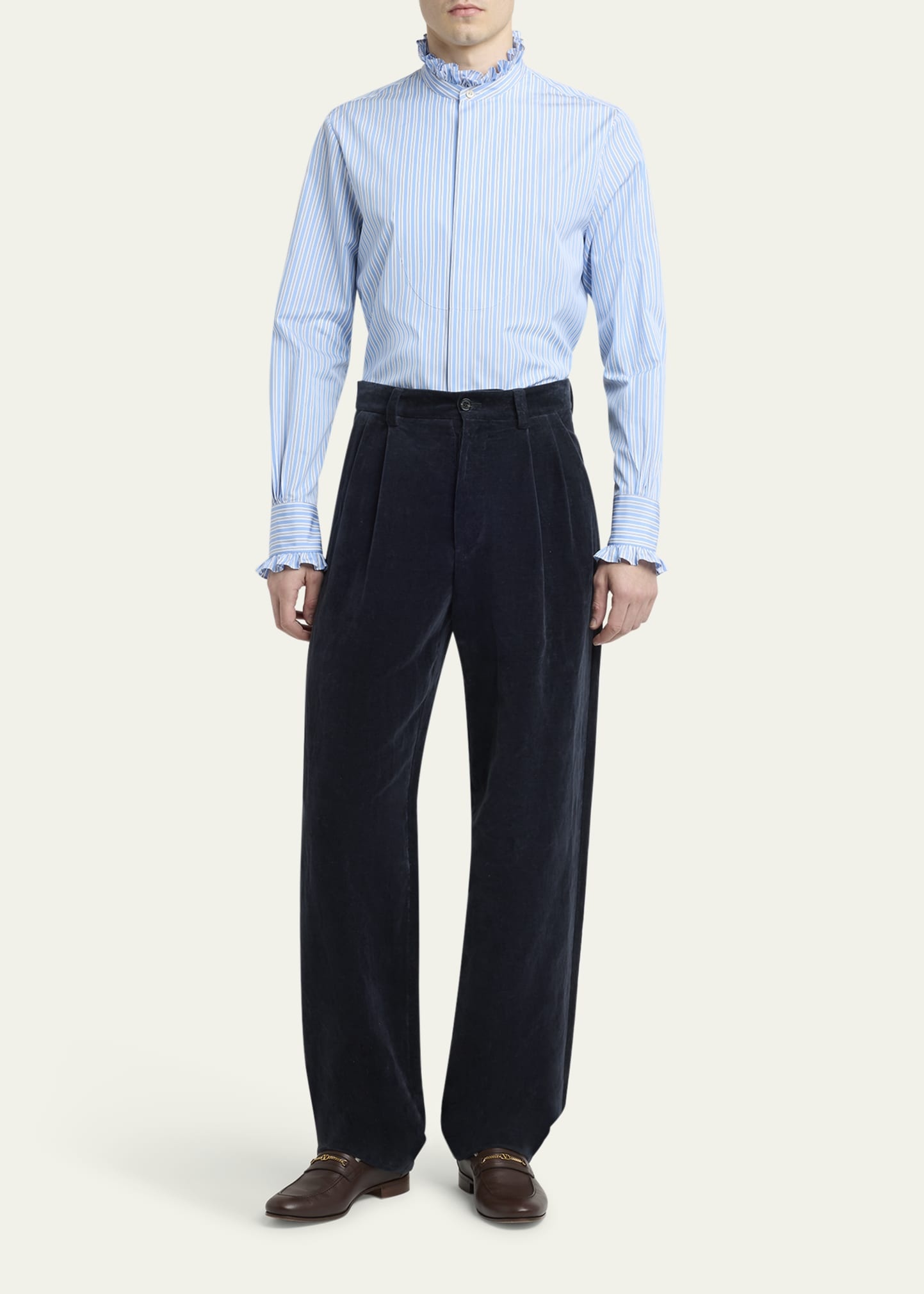Men's Stripe Poplin Ruffle-Trim Sport Shirt - 2