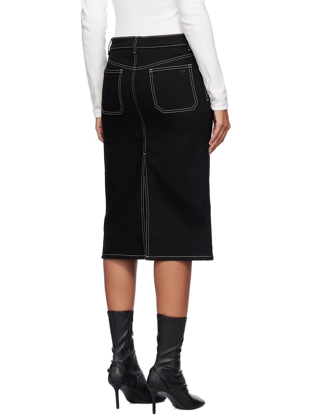 Black 2-Pocket Topstitched Denim Midi Skirt - 3