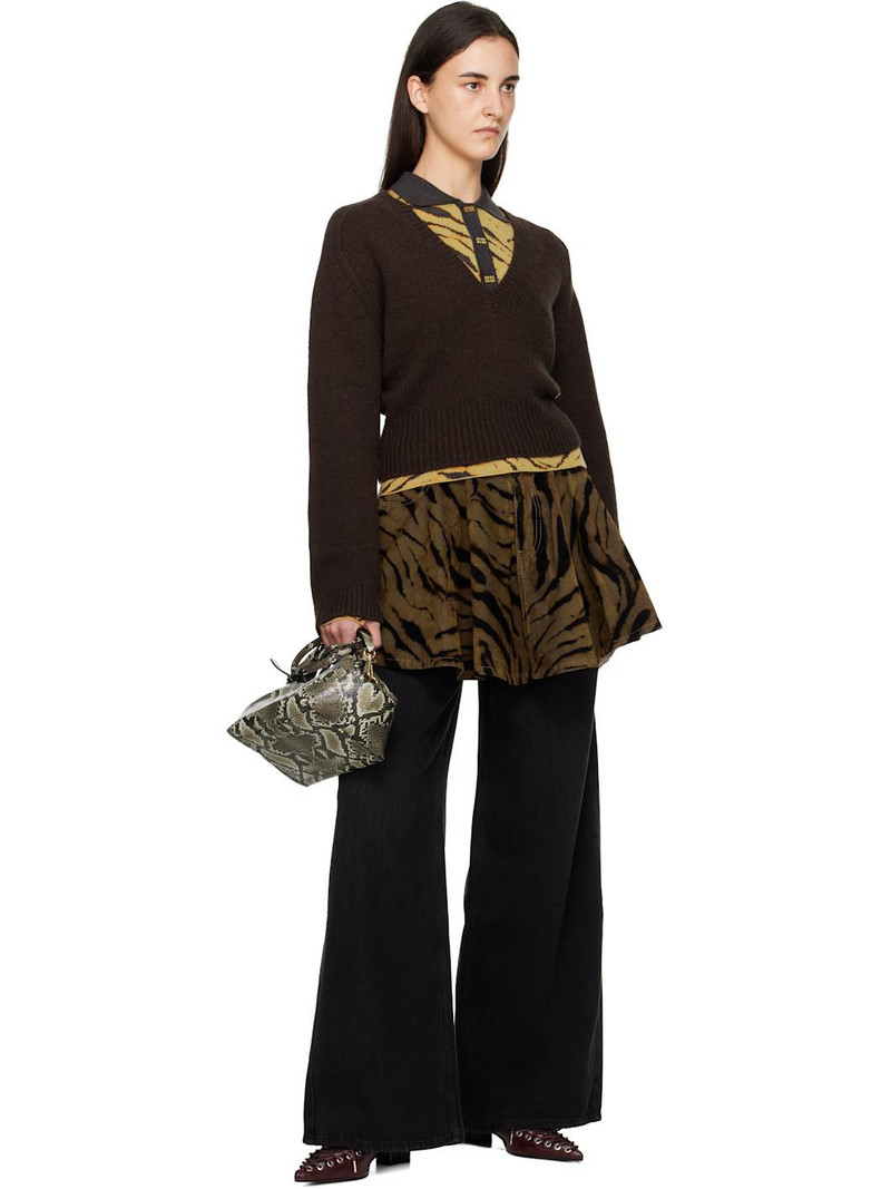 Khaki & Black Printed Flocked Denim Miniskirt 5