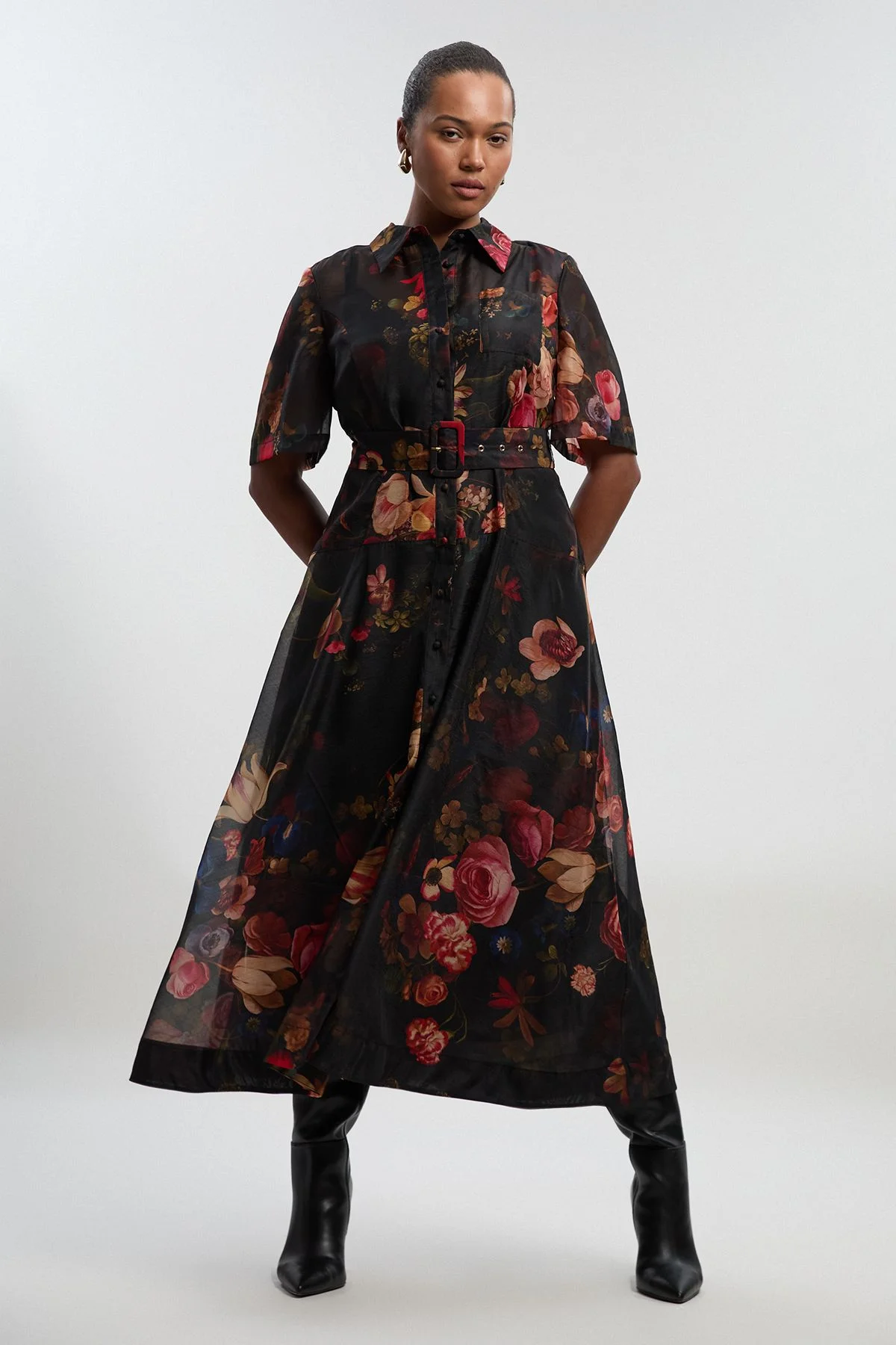 Plus Size Floral Print Organdie Woven Shirt Dress - 1