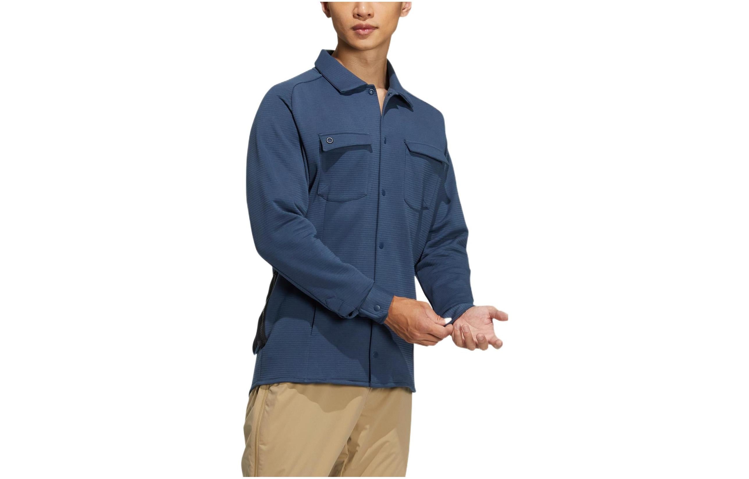Men's adidas Solid Color Pocket Lapel Long Sleeves Blue Shirt HG3238 - 3