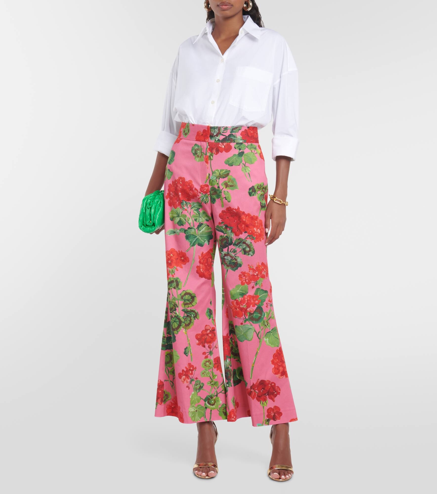 Floral high-rise cotton-blend flared pants - 2