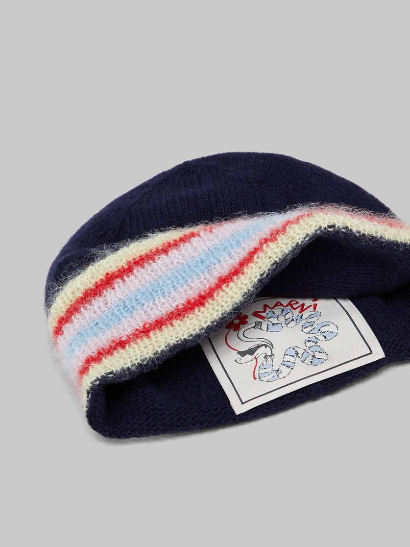 DEEP BLUE WOOL BEANIE WITH STRIPED TURN-UP - 3