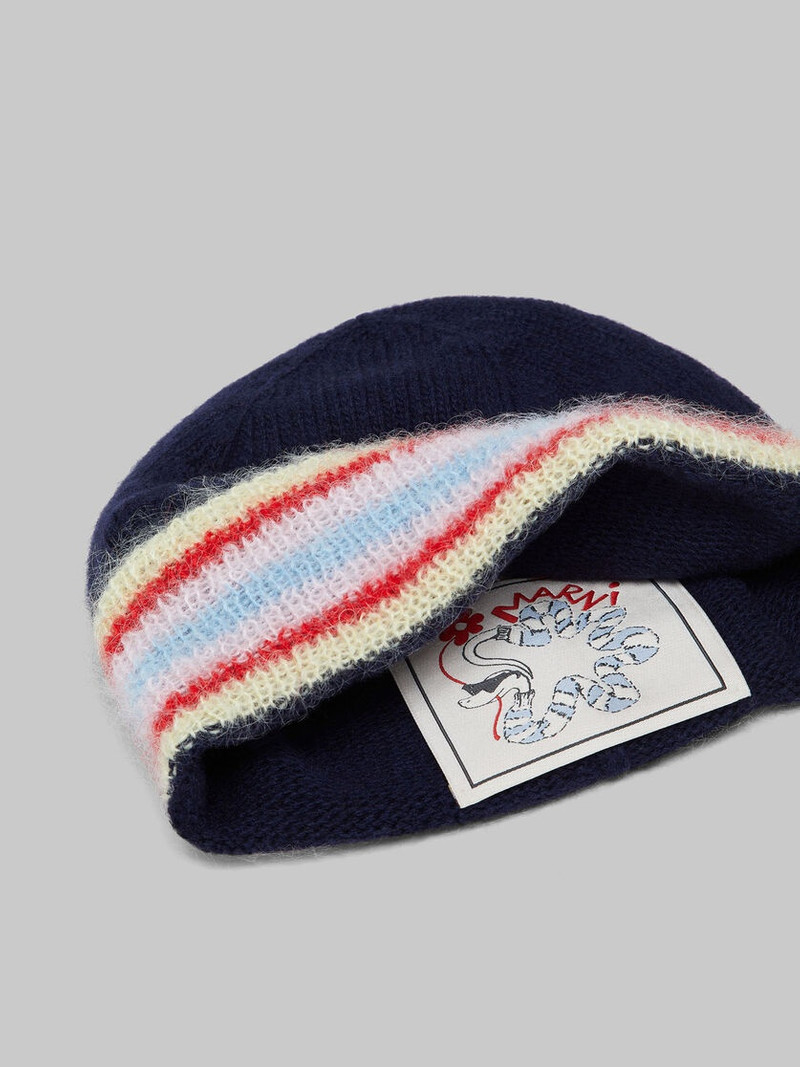 DEEP BLUE WOOL BEANIE WITH STRIPED TURN-UP 3