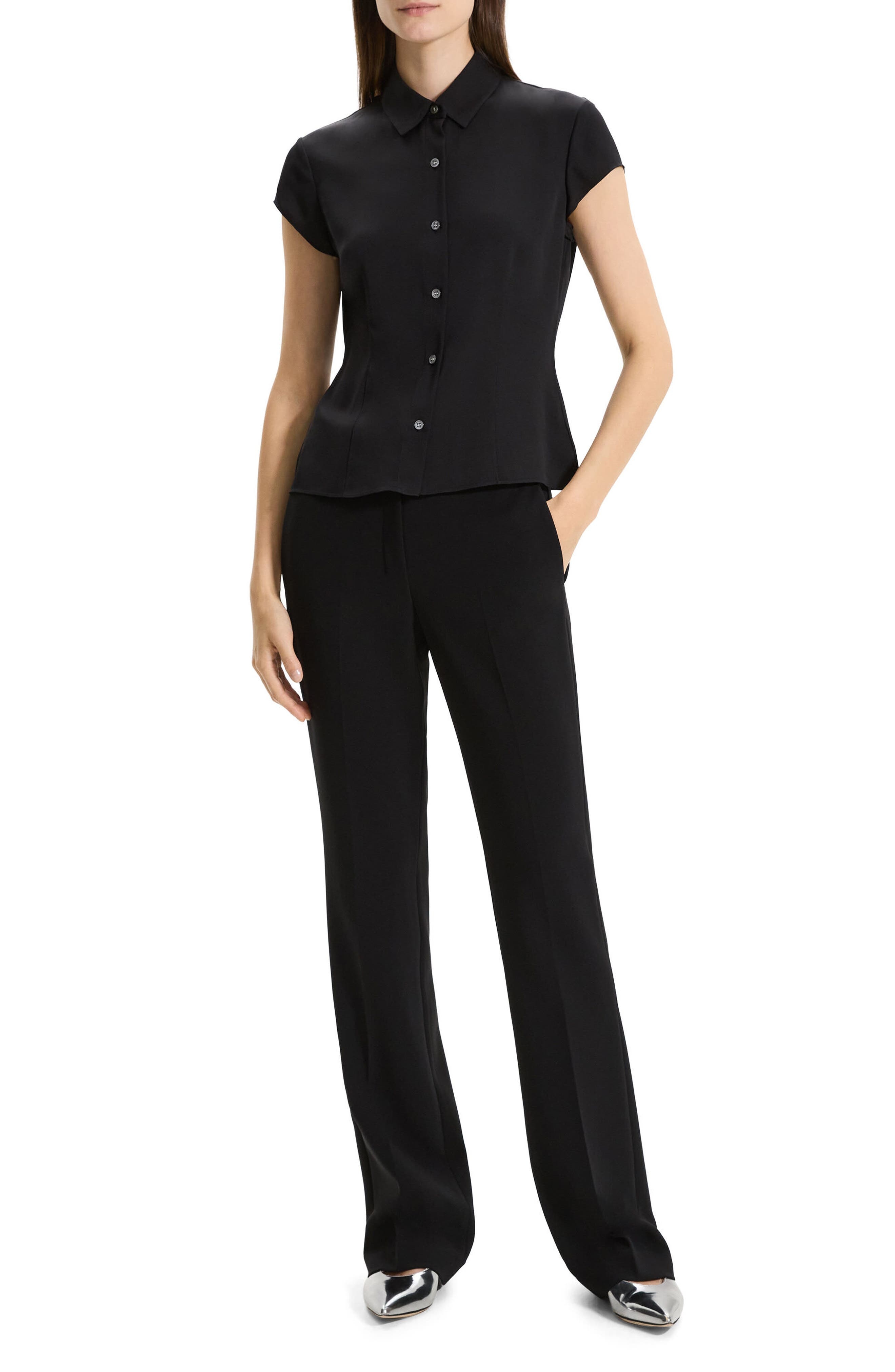 Theory Cap Sleeve Silk Shirt in Blk at Nordstrom - 5
