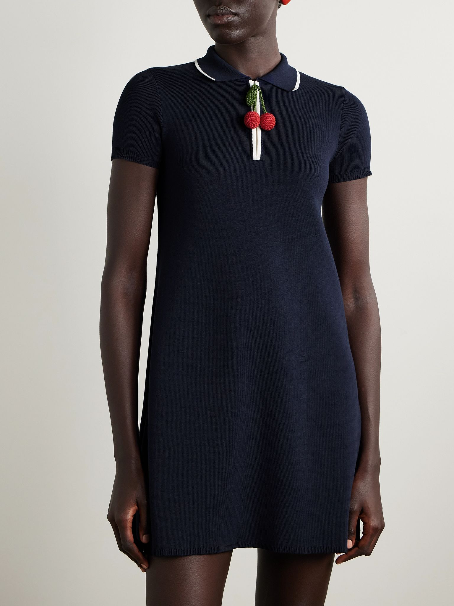 Embellished ribbed cotton mini dress Navy - 3
