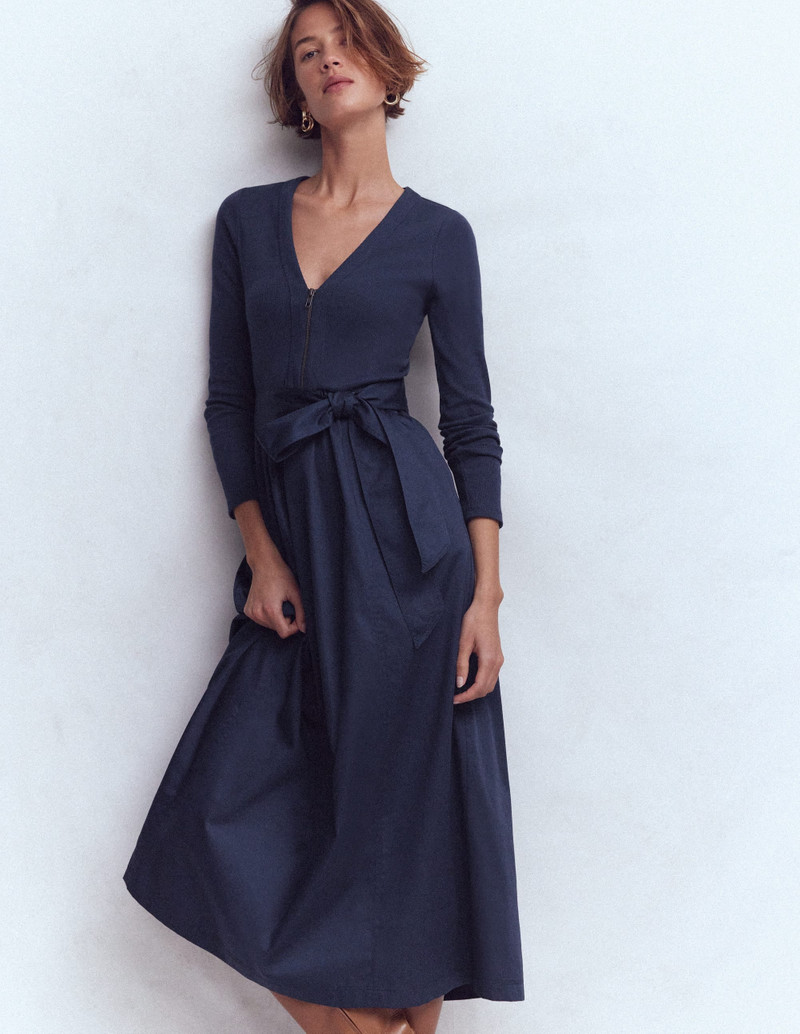 Long Sleeve Mix Media Dress-Navy 3