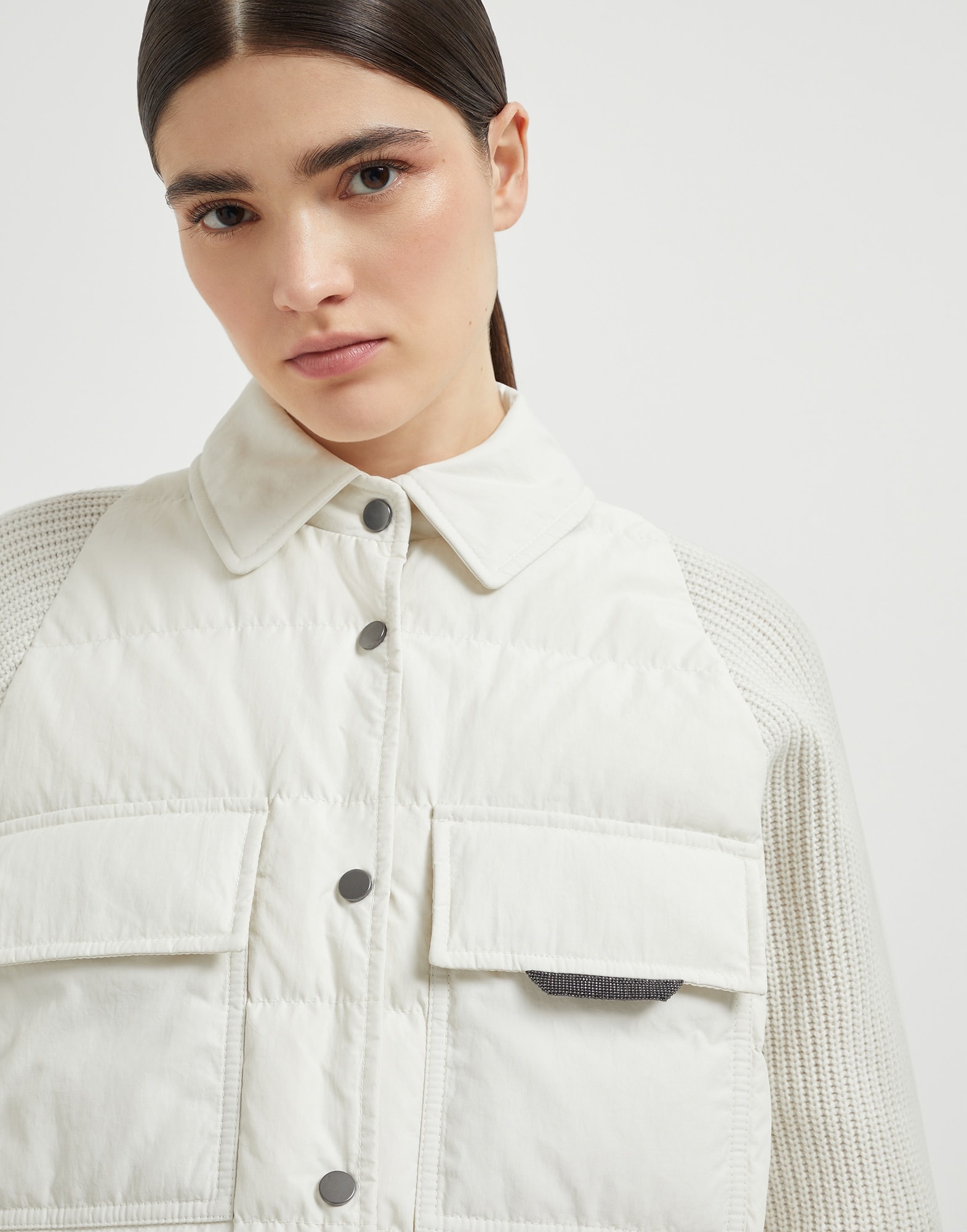 Water-resistant techno cotton and virgin wool, cashmere and silk knit down jacket with shiny flap de - 3