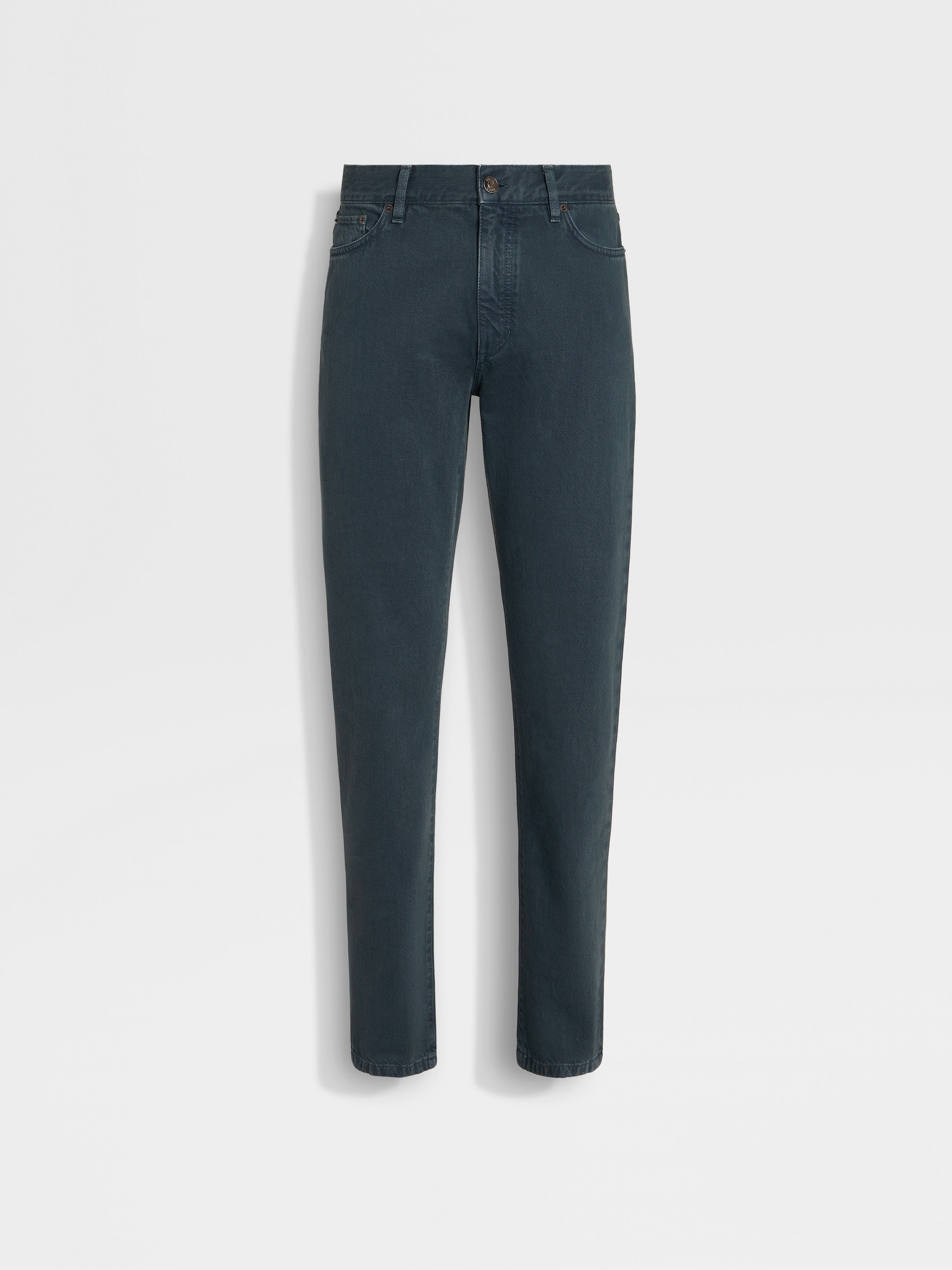 DARK TEAL BLUE STONE-WASHED COTTON ROCCIA JEANS - 2