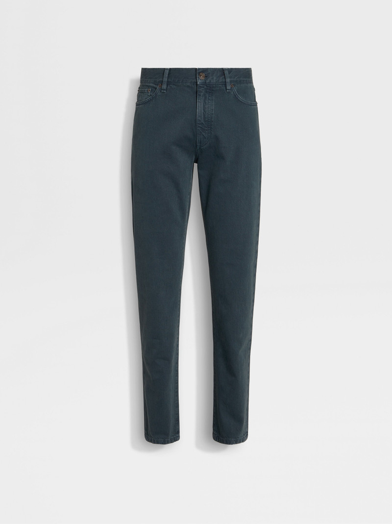 ZEGNA DARK TEAL BLUE STONE-WASHED COTTON ROCCIA JEANS outlook