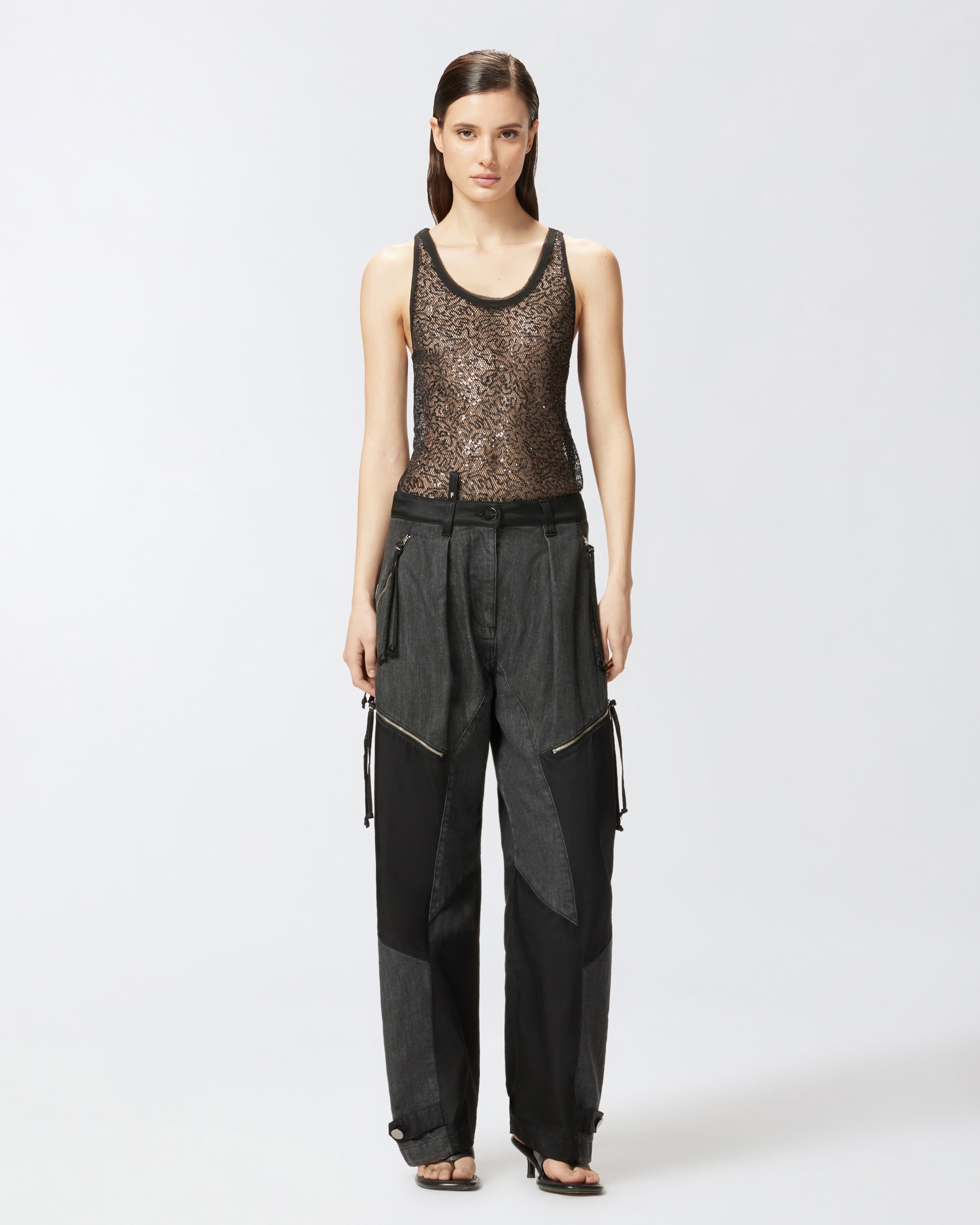 P-PANTS IN BLACK DENIM AND SATIN WITH ZIP - 2
