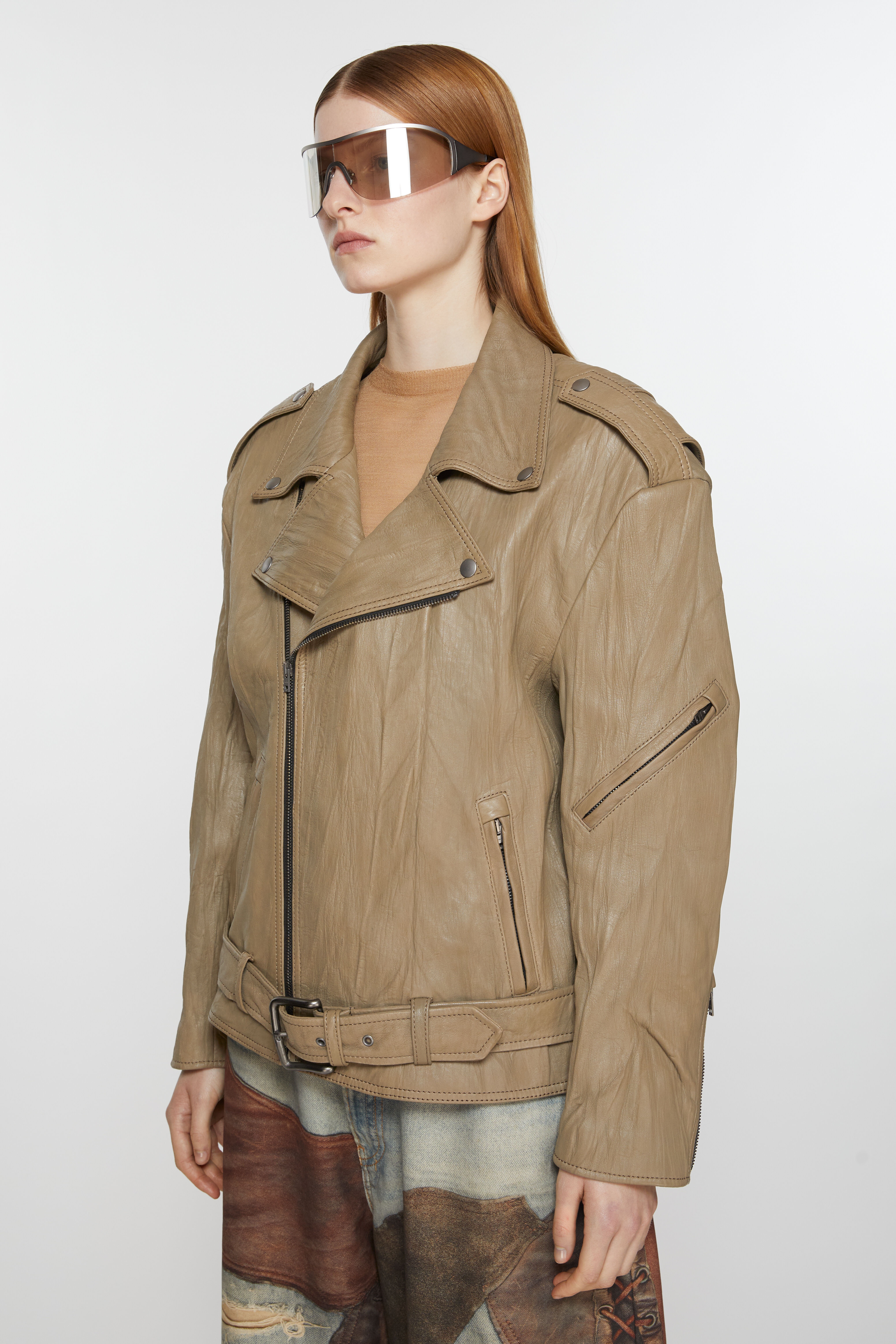 Crinkled leather biker jacket - Brown - 3