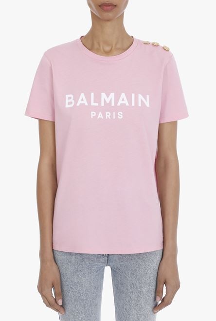 Pink cotton T-shirt with flocked white Balmain logo - 5