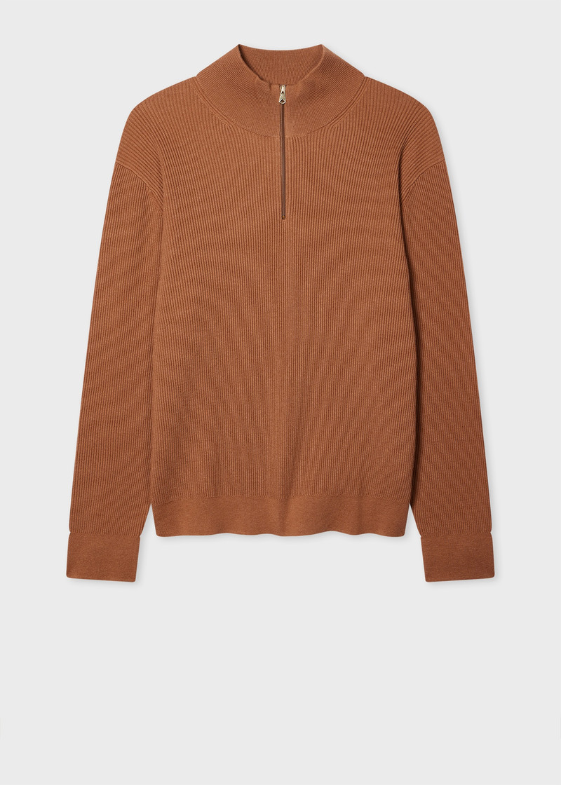 Chestnut Wool-Blend Half Zip Ribbed Knitted Sweater 1