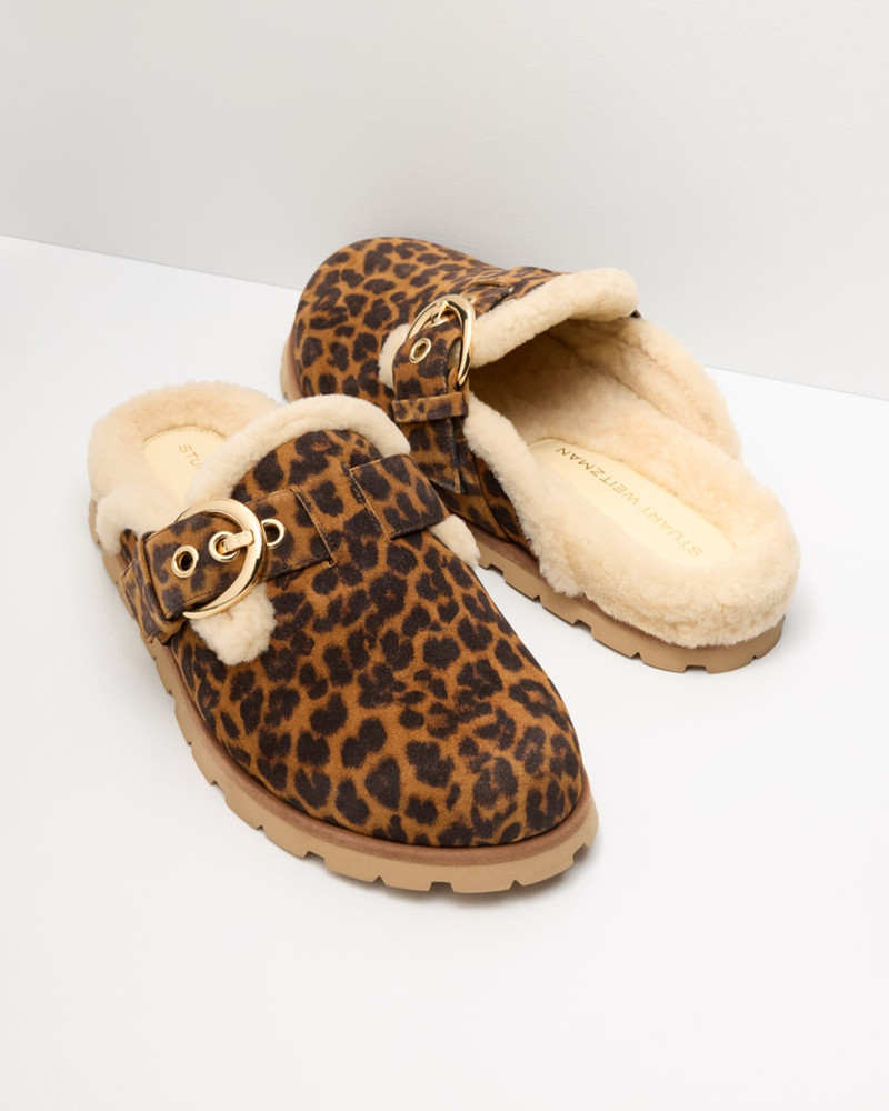 Stuart Weitzman Chrystie Shearling-Lined Leopard Suede Mules outlook