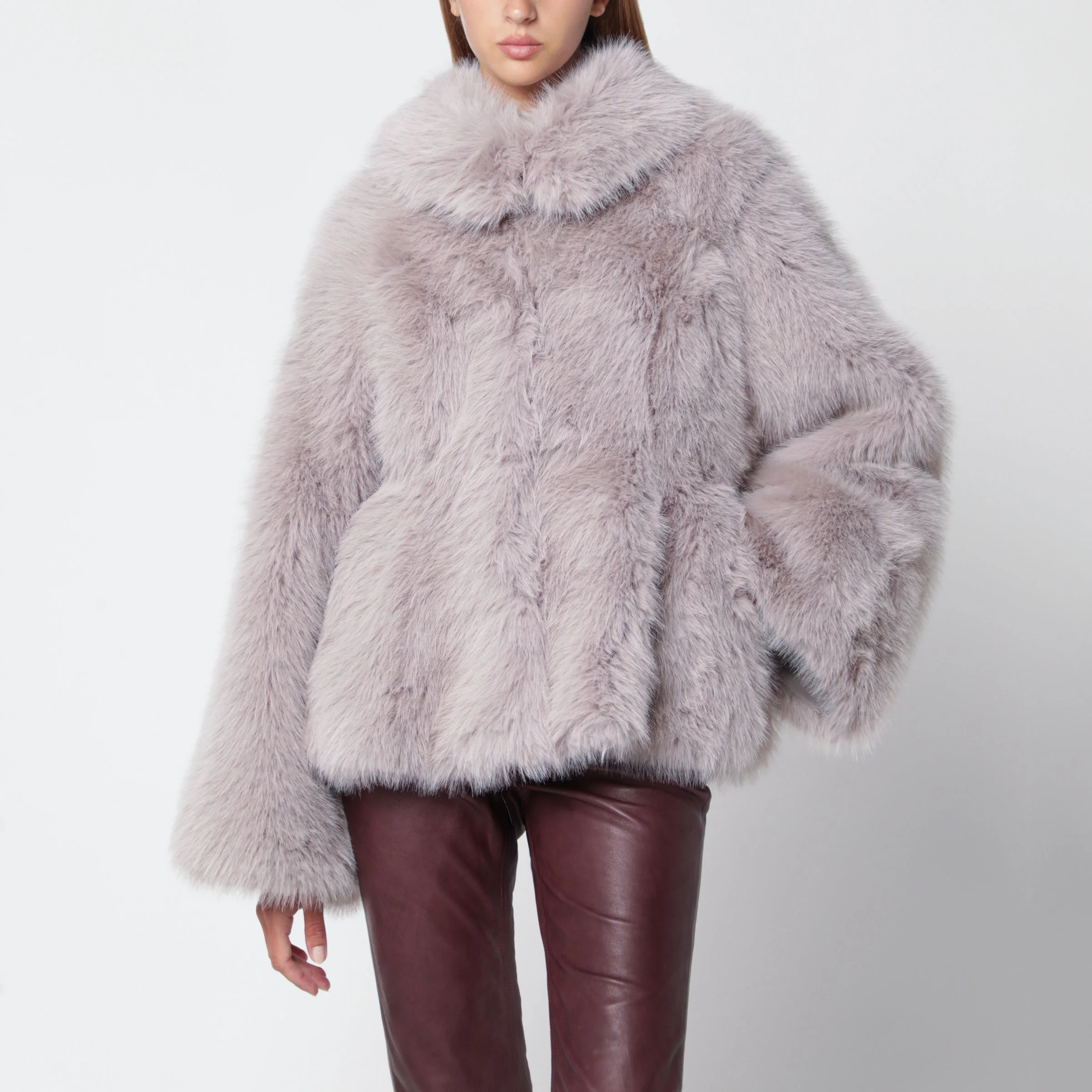 Short flared grey faux fur jacket - 1