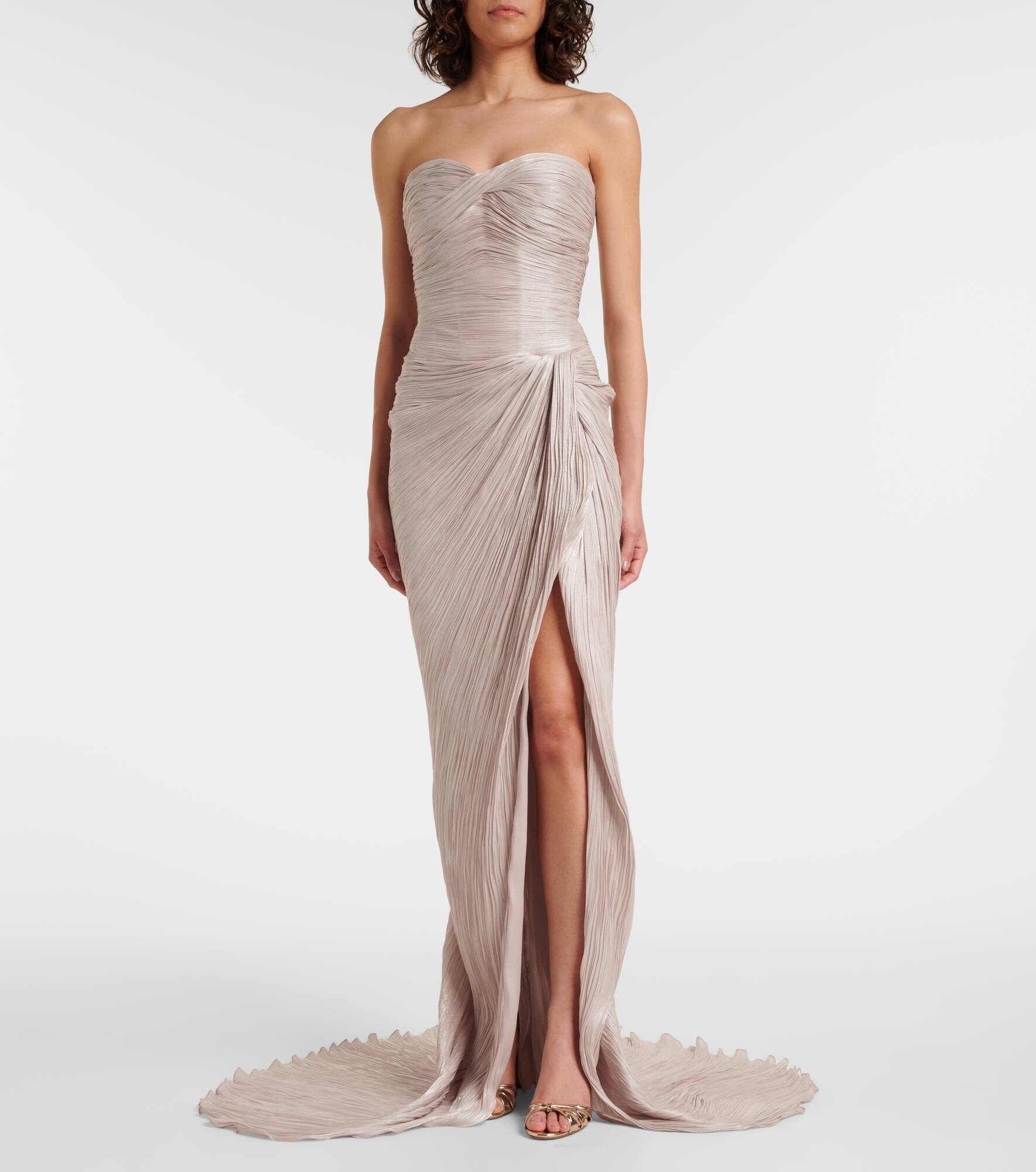 Caped gathered pleated silk gown - 6