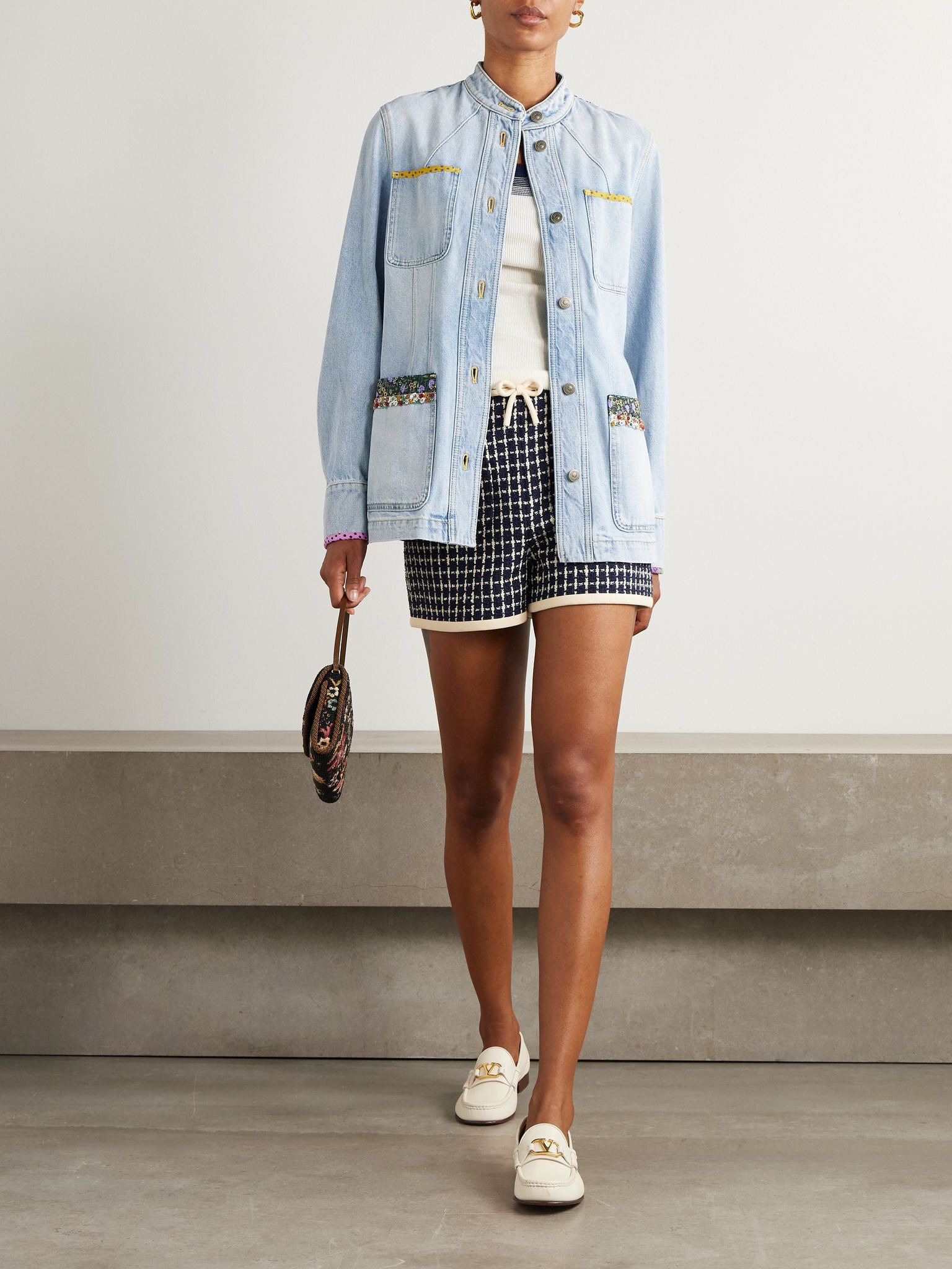 Embellished printed chiffon-trimmed denim jacket Light denim - 2