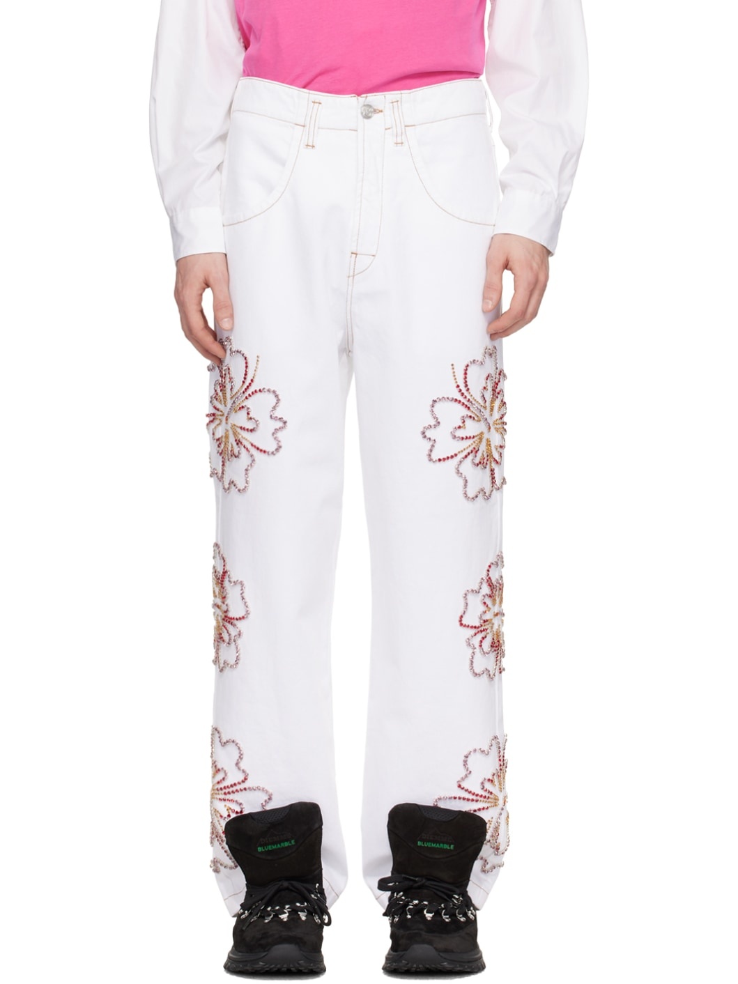 White Embroidered Jeans - 1