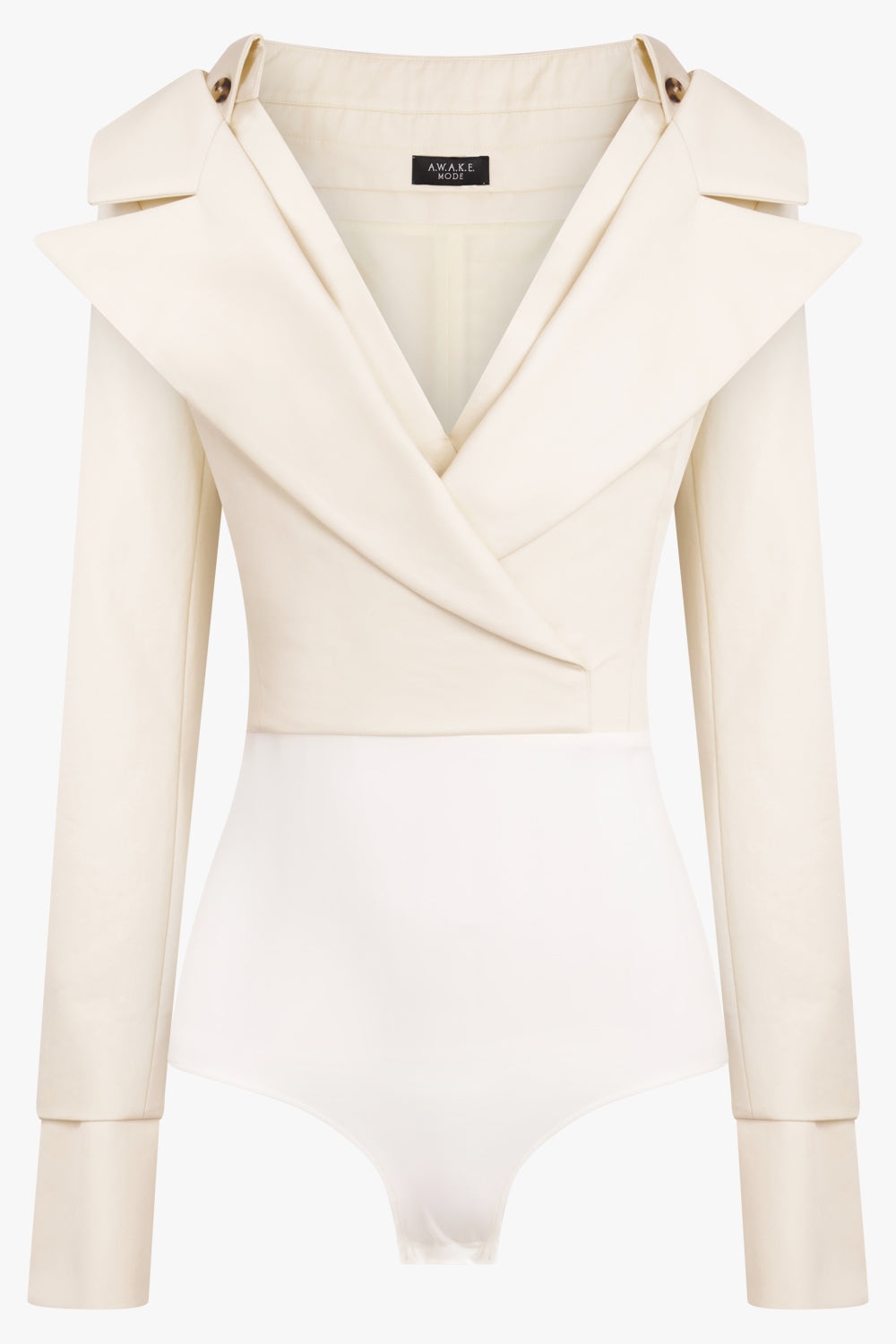 LOW CUT DECOLLETE CROSSOVER SHIRT JACKET DETAIL BODYSUIT | IVORY - 1