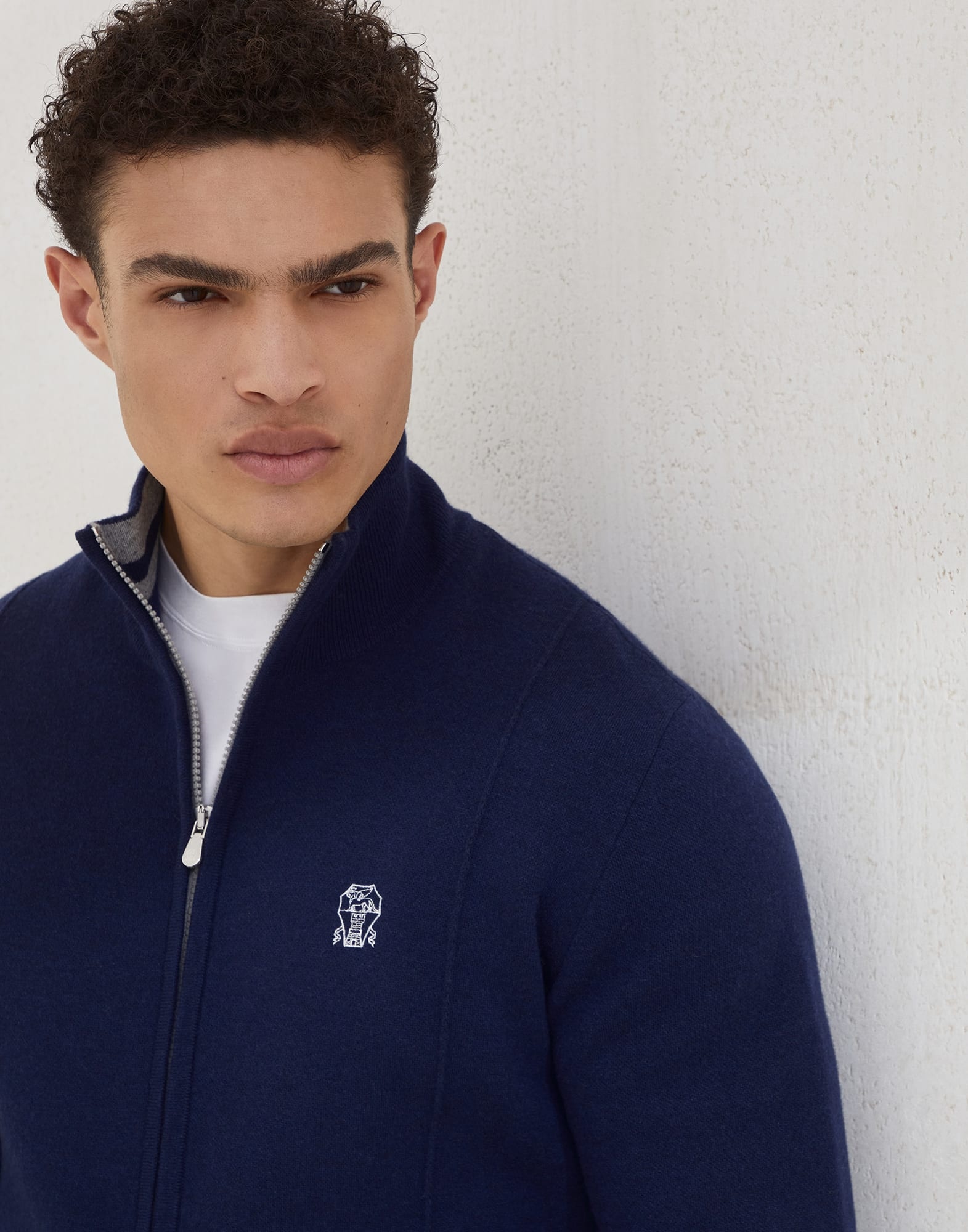 Cashmere double knit cardigan with zipper and logo - 3