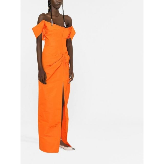 Orange long tailored dress with open shoulders - 4