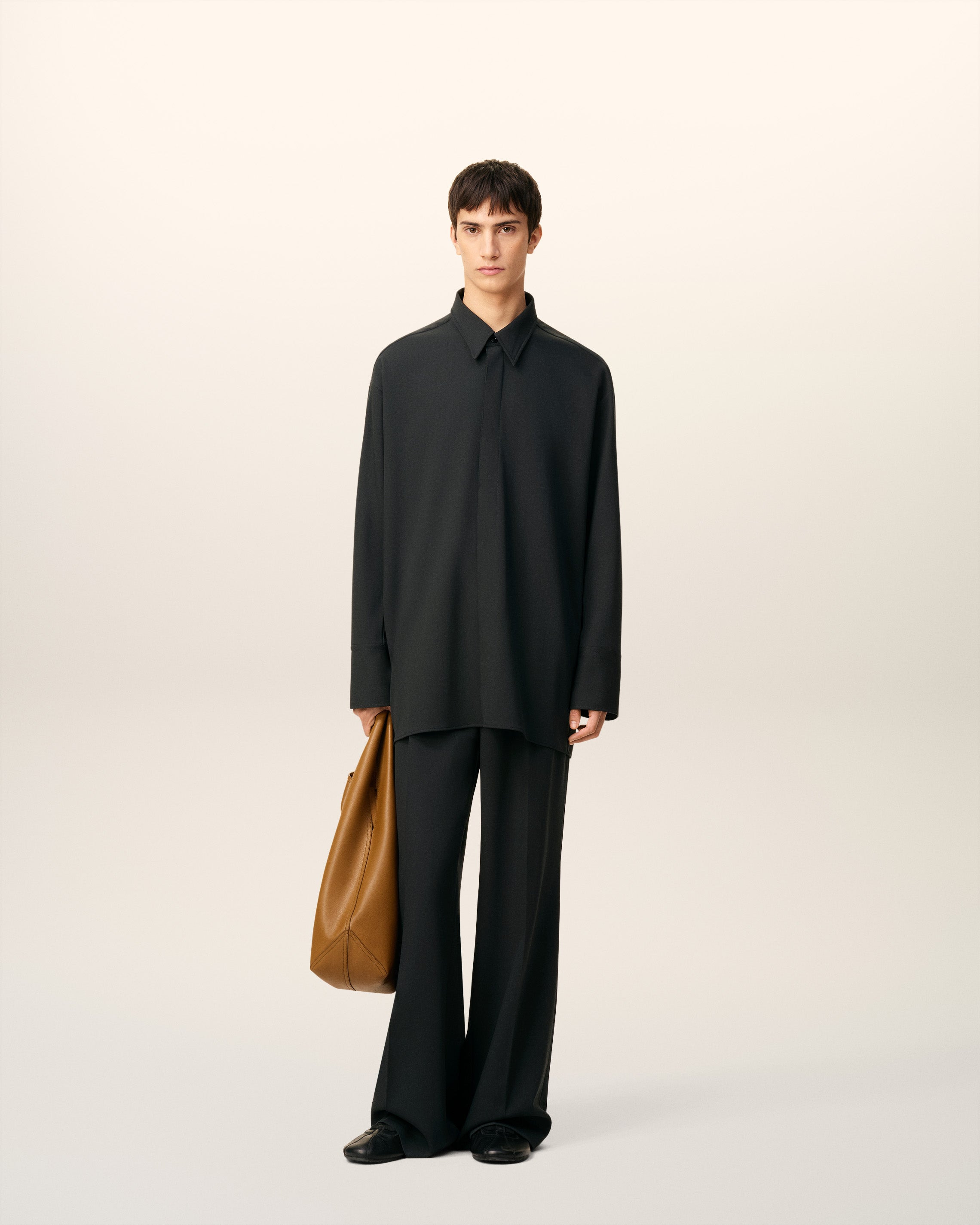 BLACK WOOL LONG OVERSIZED SHIRT - 2