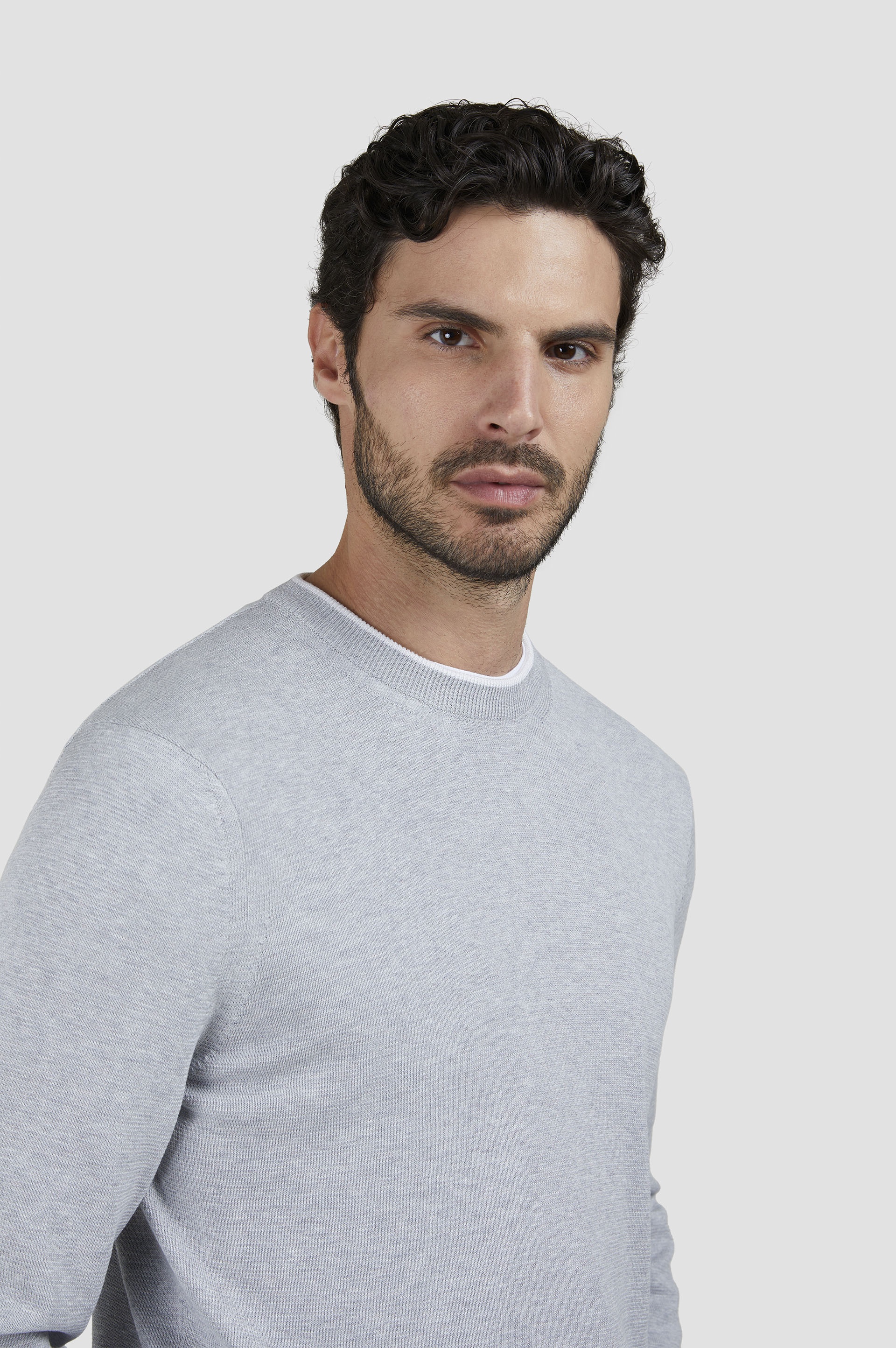 CREW NECK SWEATER IN COTTON AND SILK WITH CONTRASTING TRIM - 4