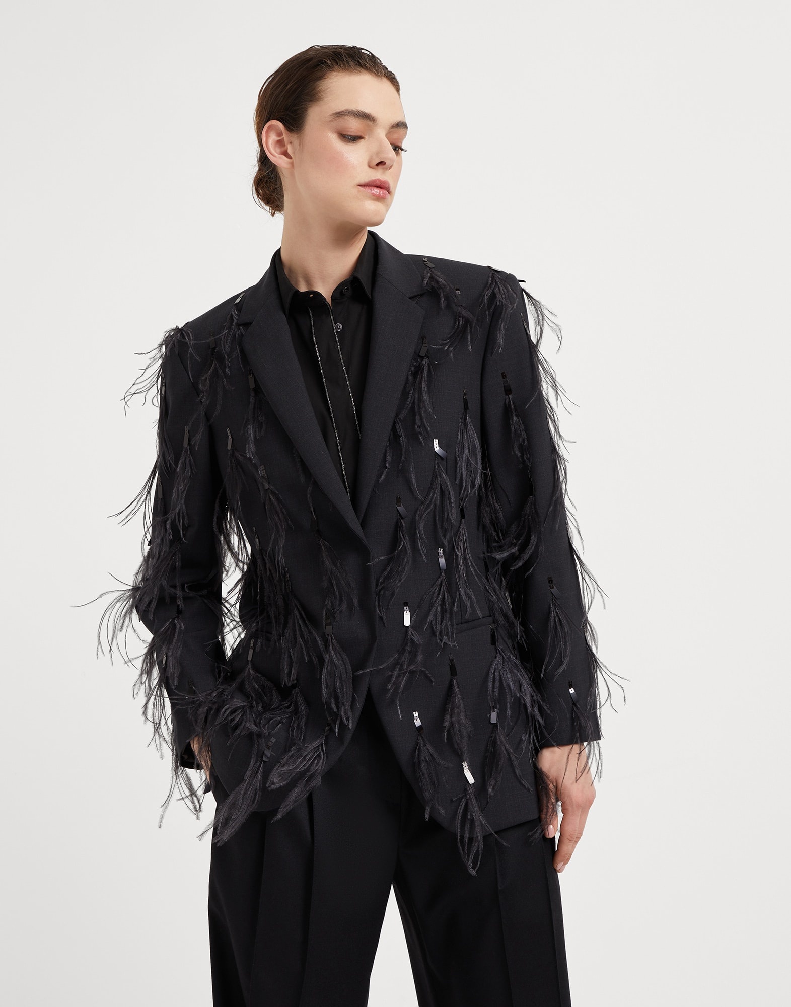 Tropical luxury wool blazer with dazzling feather embroidery - 1