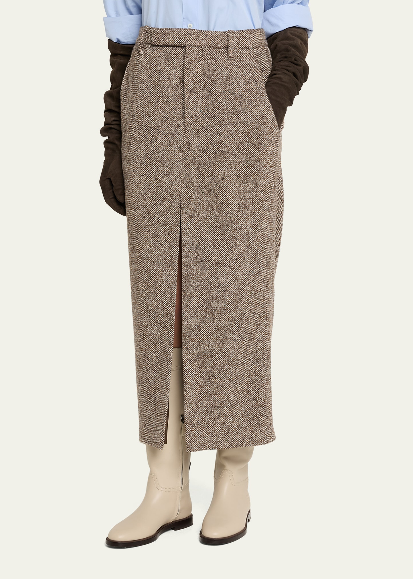 Diagonal Wool Tweed Midi Sartorial Pencil Skirt - 4