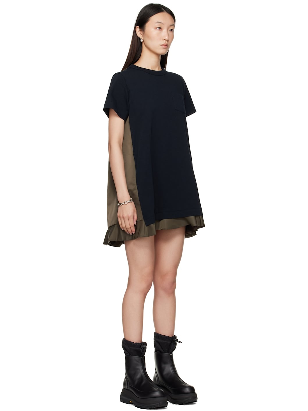 Navy Nylon Twill & Cotton Jersey Minidress - 2