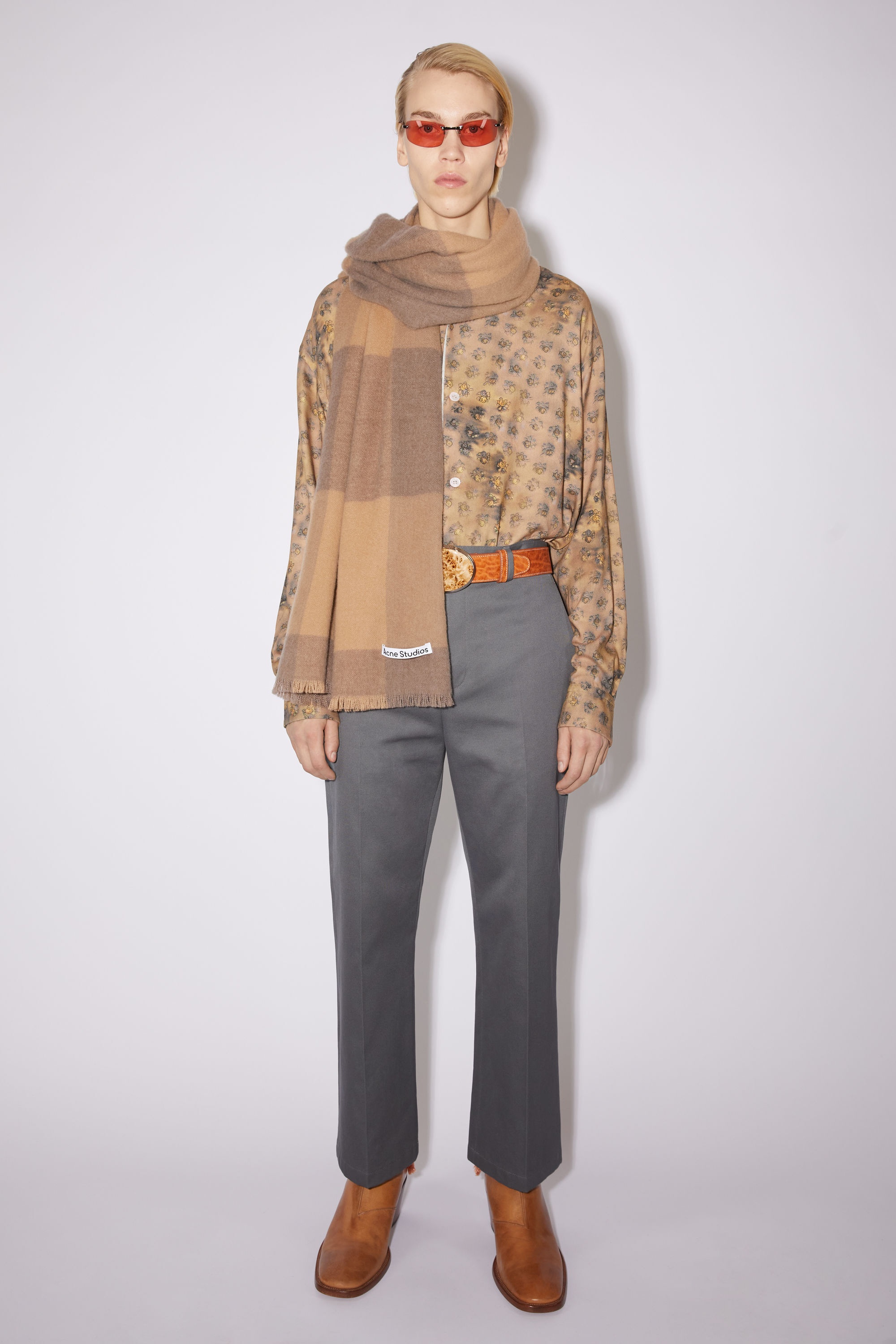 Check wool scarf - Dark camel/fox grey - 3