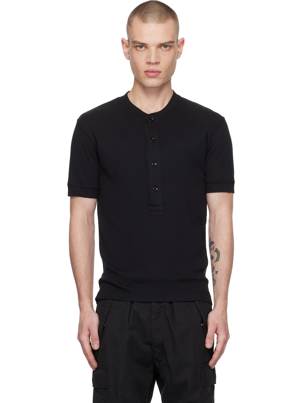 Black Cotton Modal Rib Henley - 1