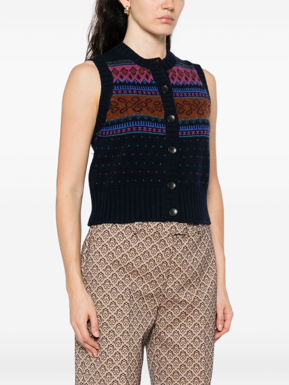 button-fastening patterned wool cardigan - 3
