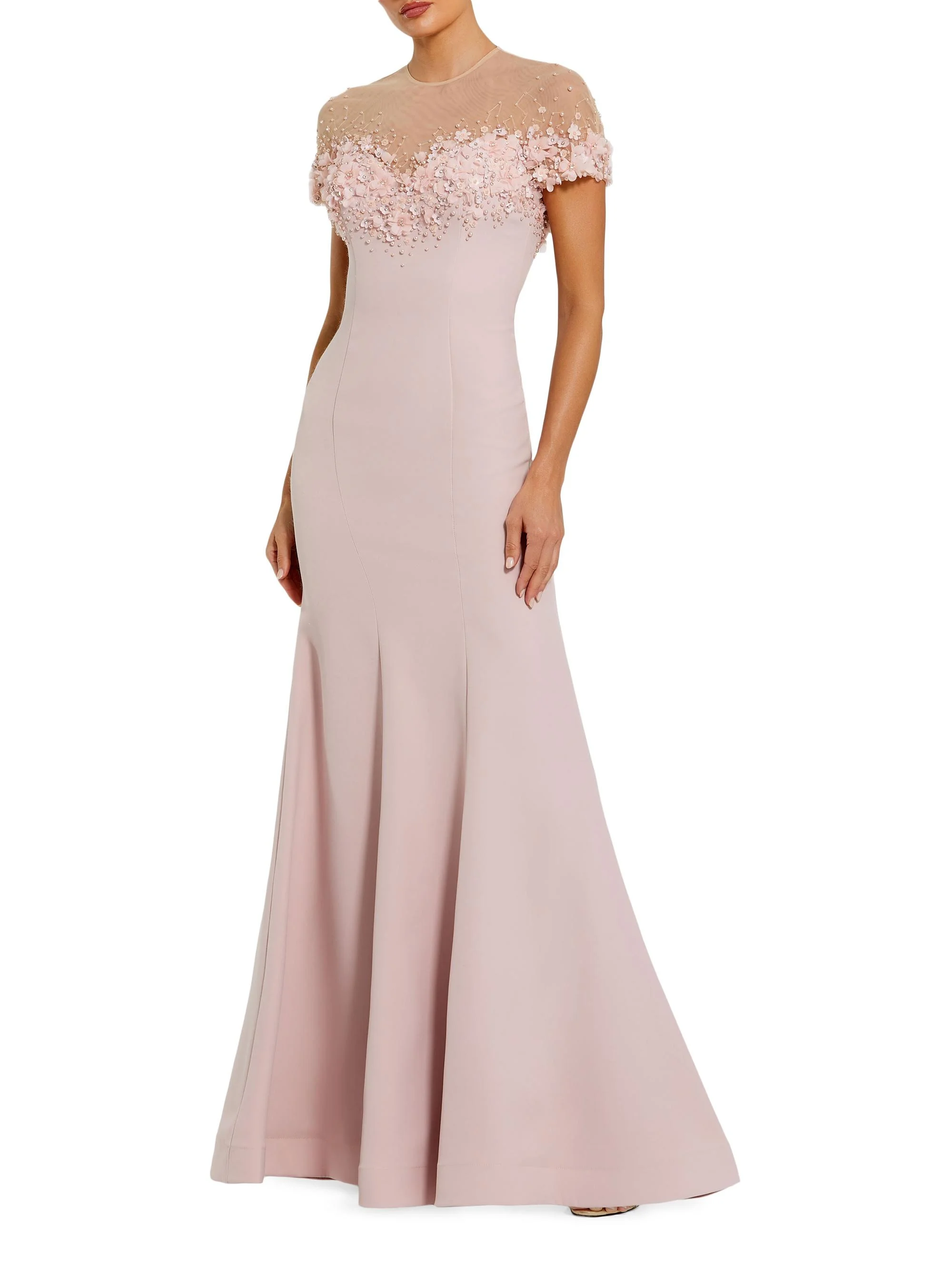 Women's Beaded Illusion Crêpe Mermaid Gown - Mauve - 1