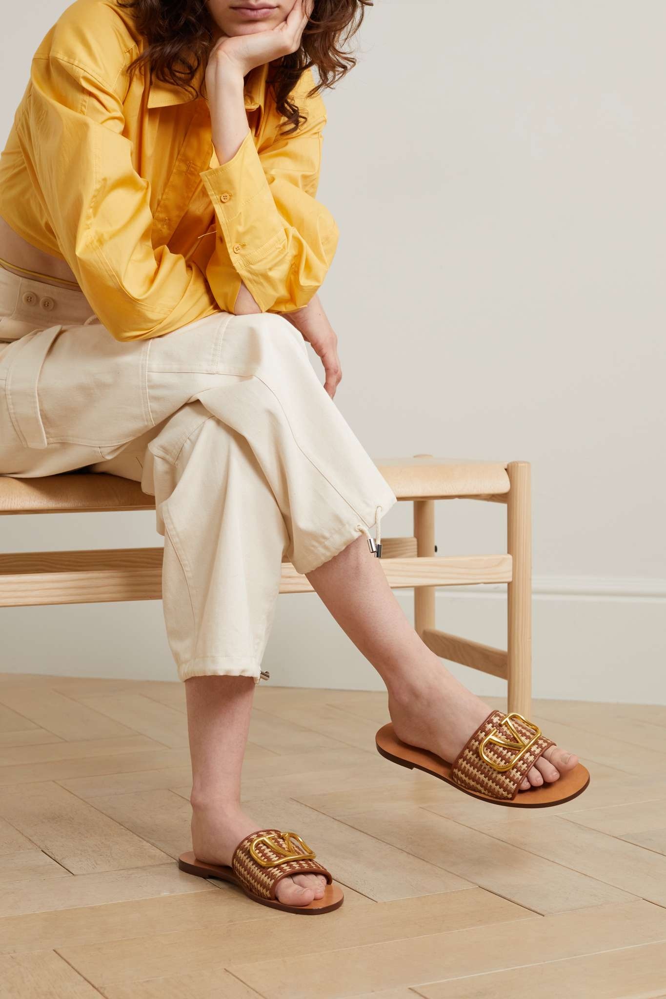 VLOGO embellished woven leather and raffia slides - 3