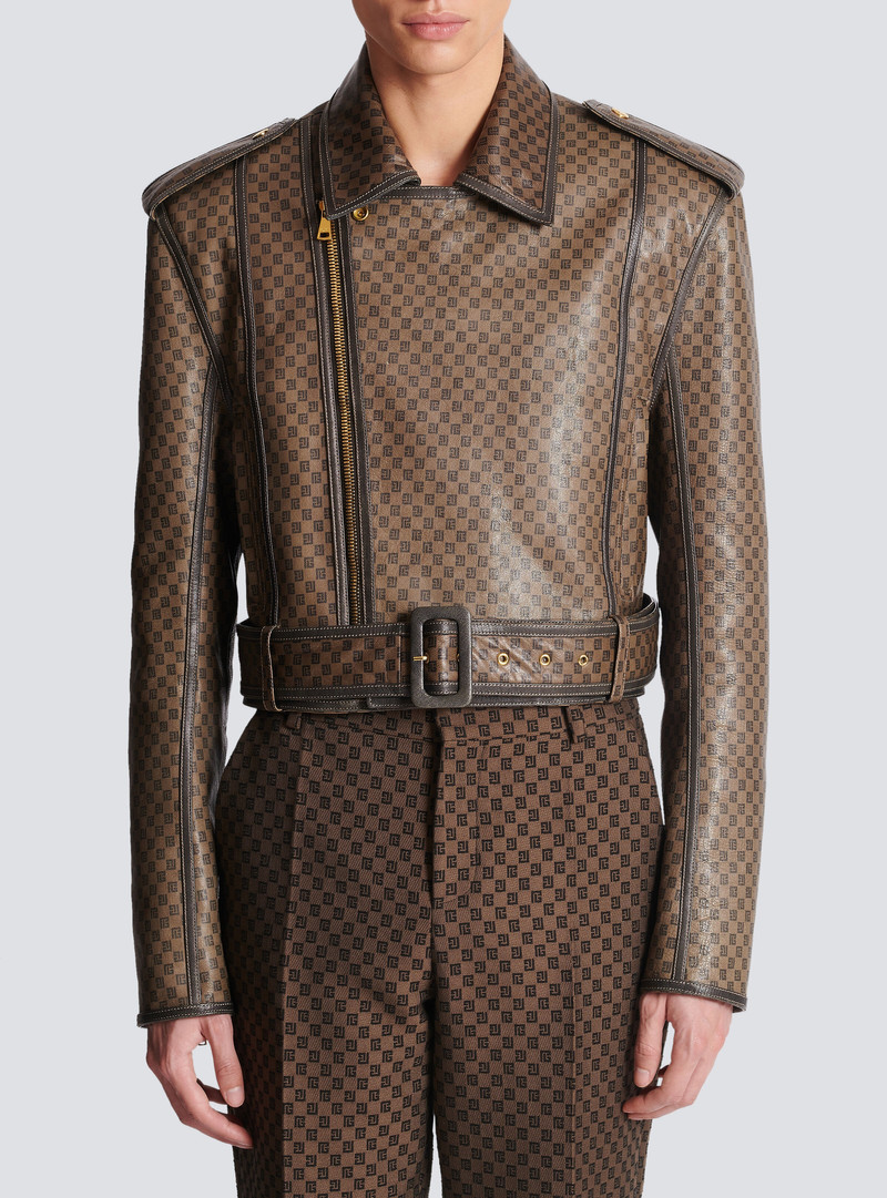 Leather biker jacket with mini monogram print 5