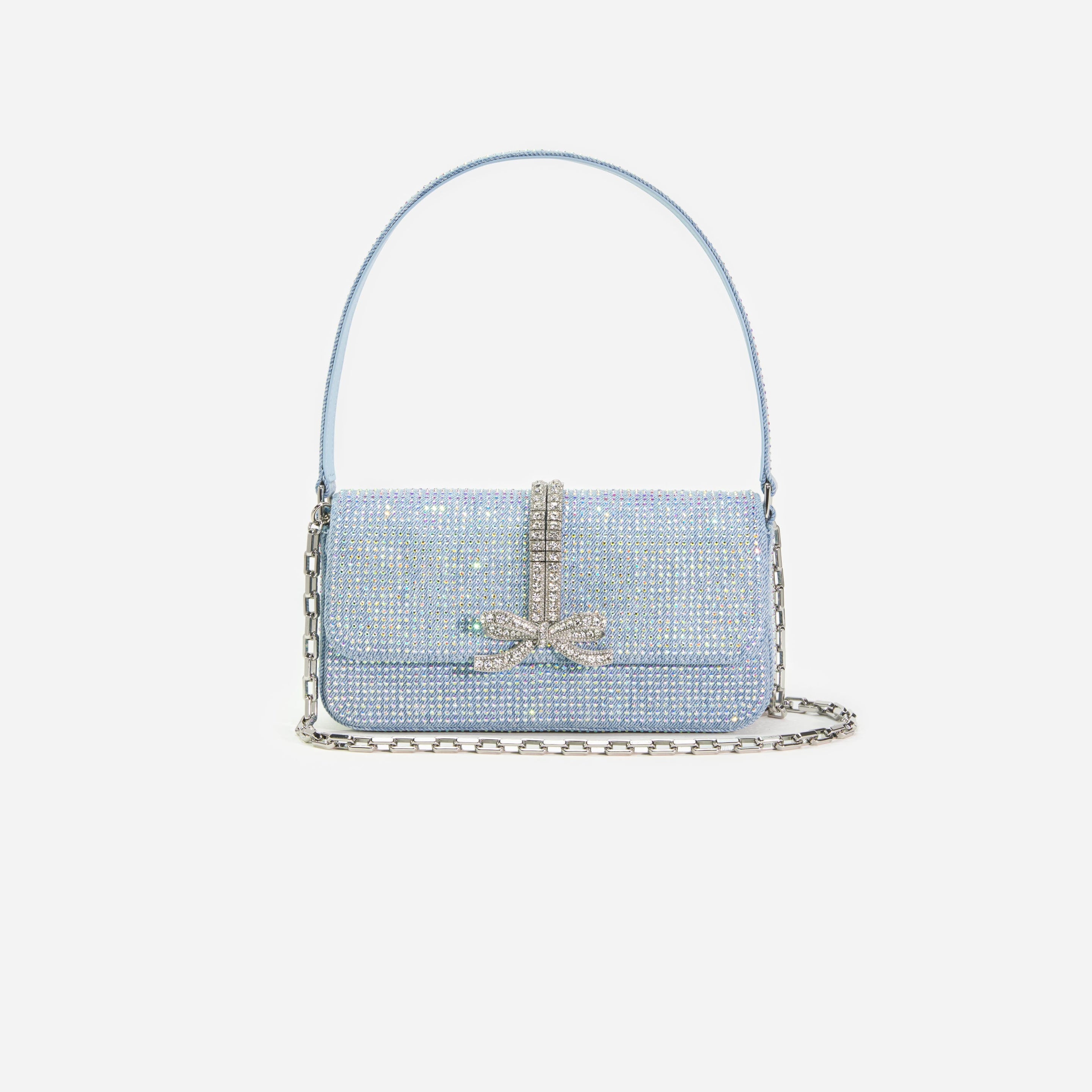 Blue Rhinestone Denim Baguette Bag - 4