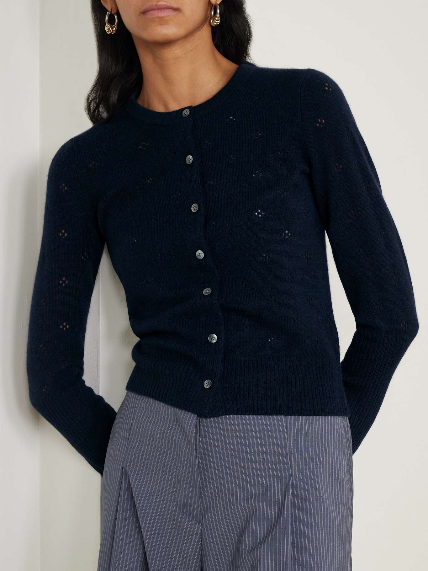 Jane pointelle-knit cashmere cardigan Navy - 3