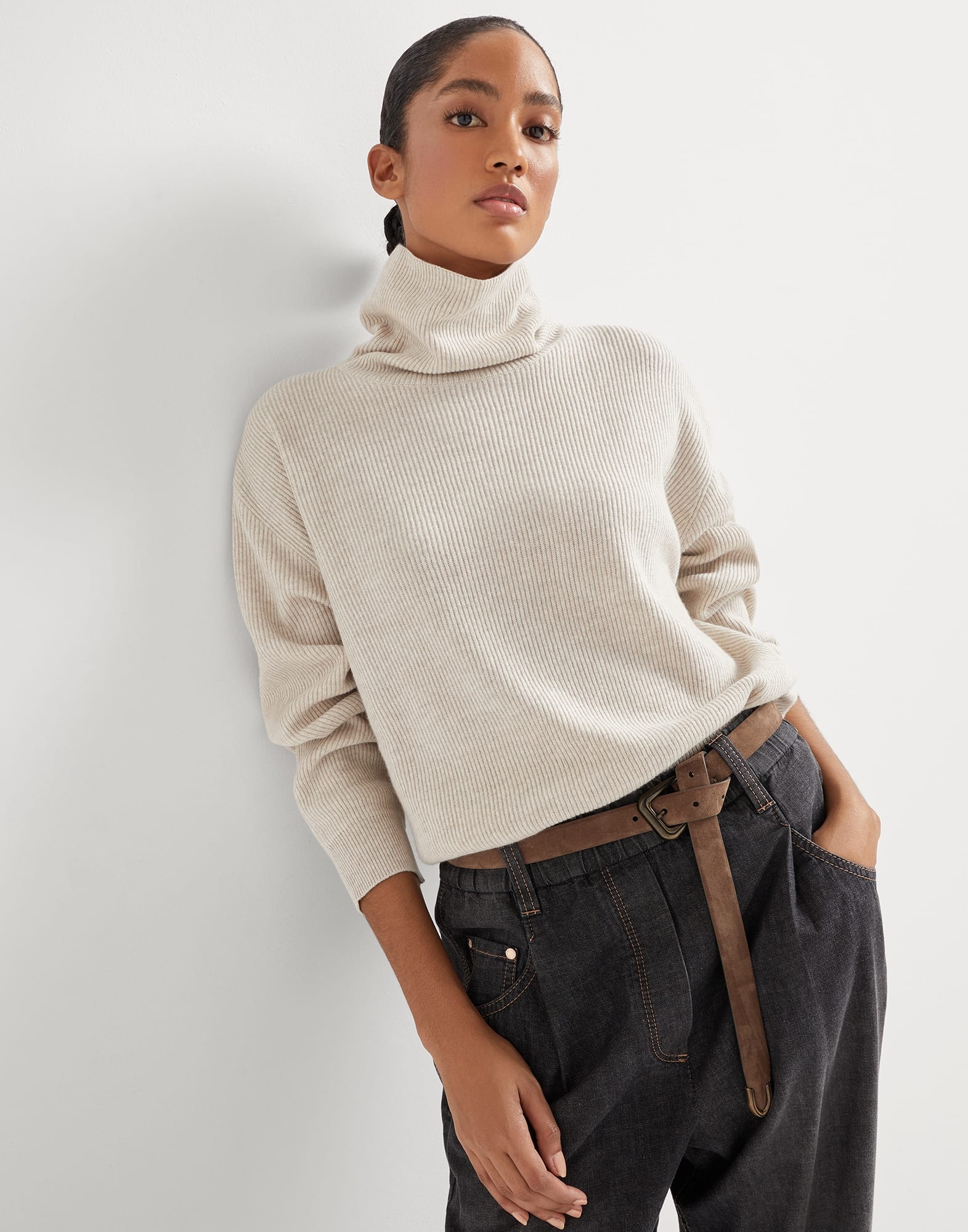 Cashmere English rib turtleneck sweater with monili - 4
