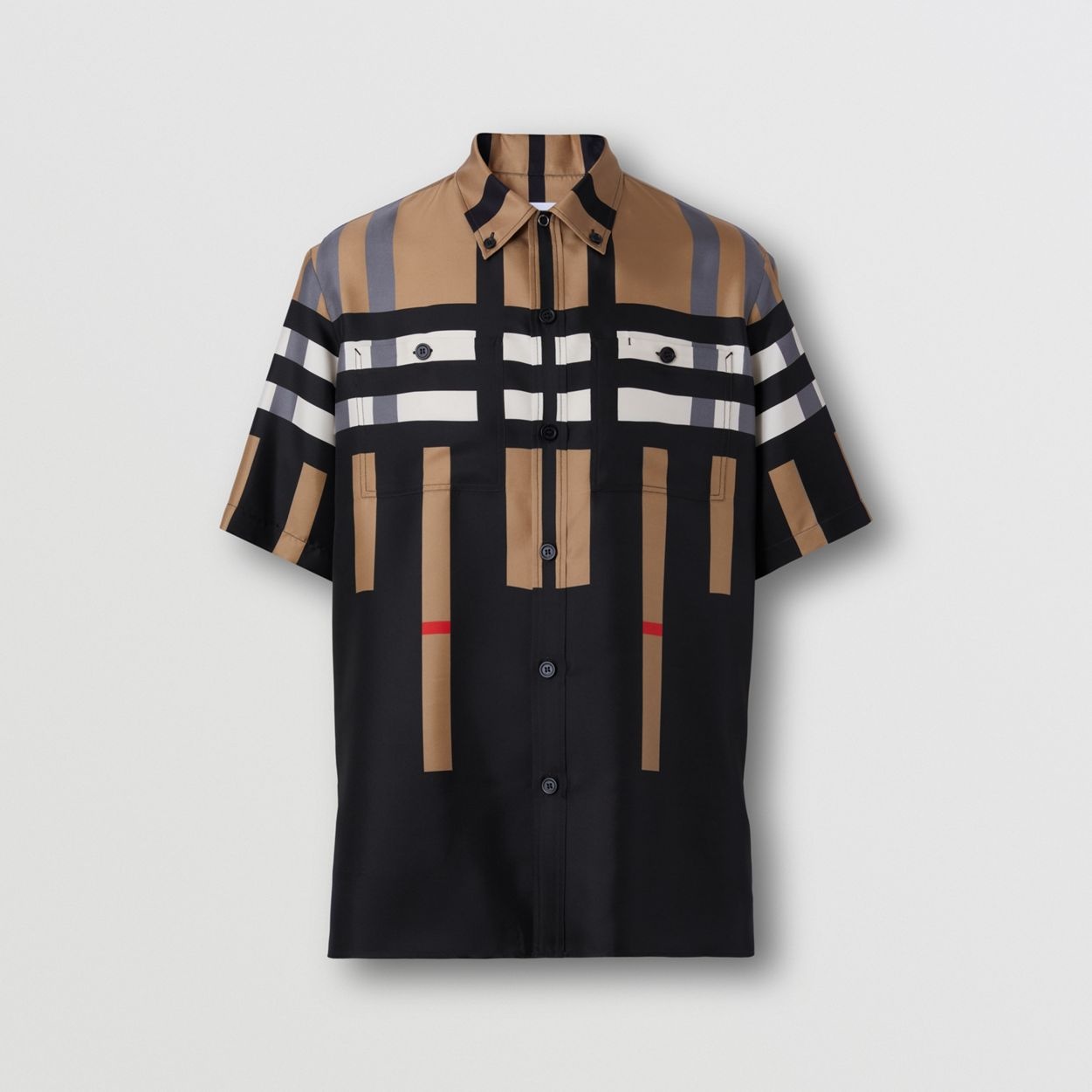 Short-sleeve Sliced Check Print Silk Shirt - 1